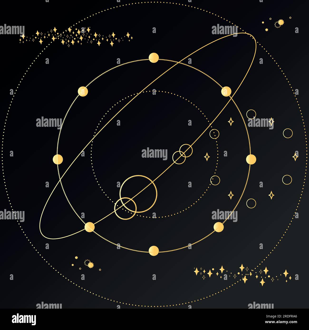 Sfondo astratto celeste. Forme e stelle dorate su sfondo nero. Illustrazione vettoriale Illustrazione Vettoriale