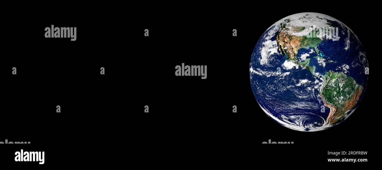 Globo planetario terrestre dallo spazio isolato su sfondo nero banner o intestazione con spazio di copia. Foto Stock