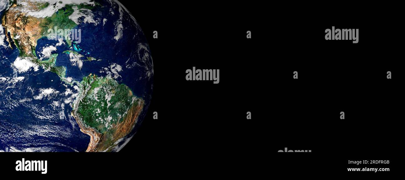 Globo planetario terrestre dallo spazio isolato su sfondo nero banner o intestazione con spazio di copia. Foto Stock