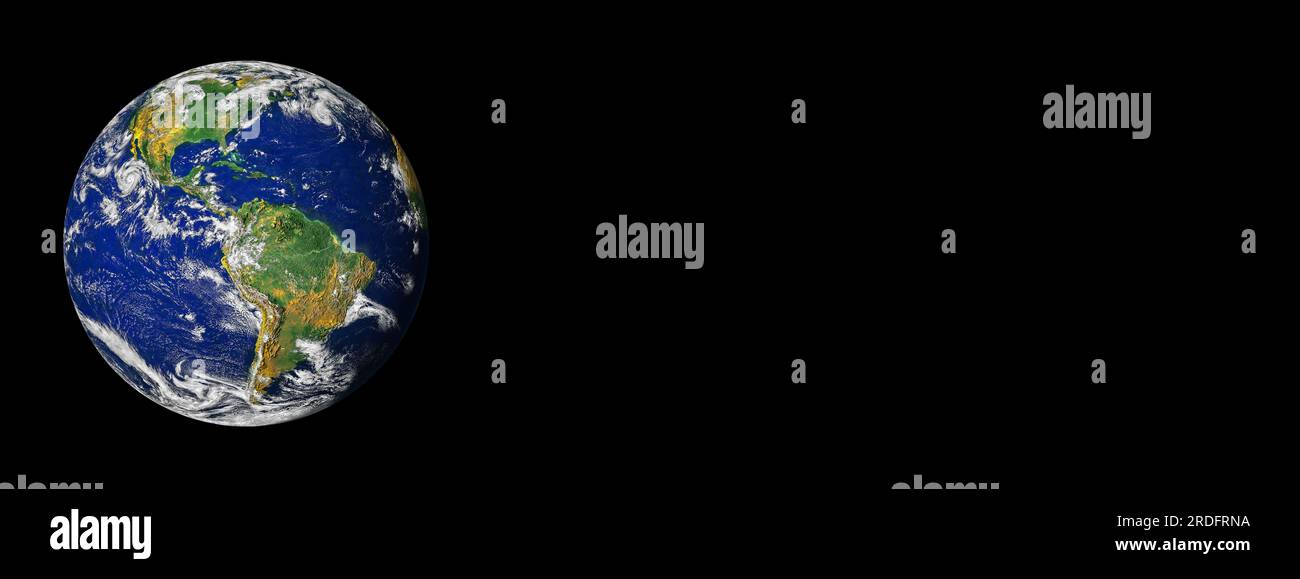 Globo planetario terrestre dallo spazio isolato su sfondo nero banner o intestazione con spazio di copia. Foto satellitare della mappa del Nord e Sud America. Elementi di Foto Stock