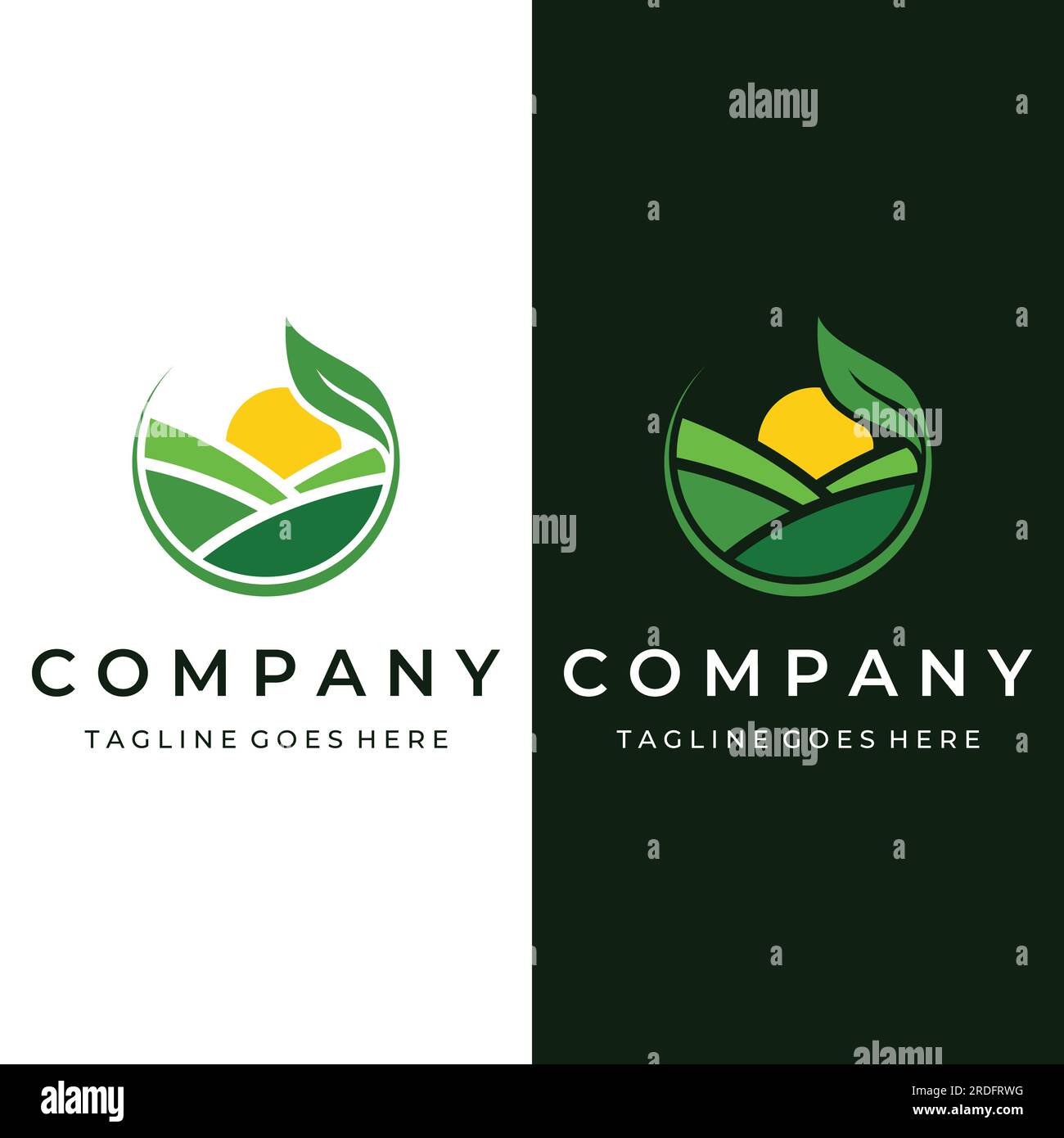 Logo paesaggio verde design creativo con terreni agricoli o piantagioni e colline. Logo per prodotti naturali e agricoli. Illustrazione Vettoriale