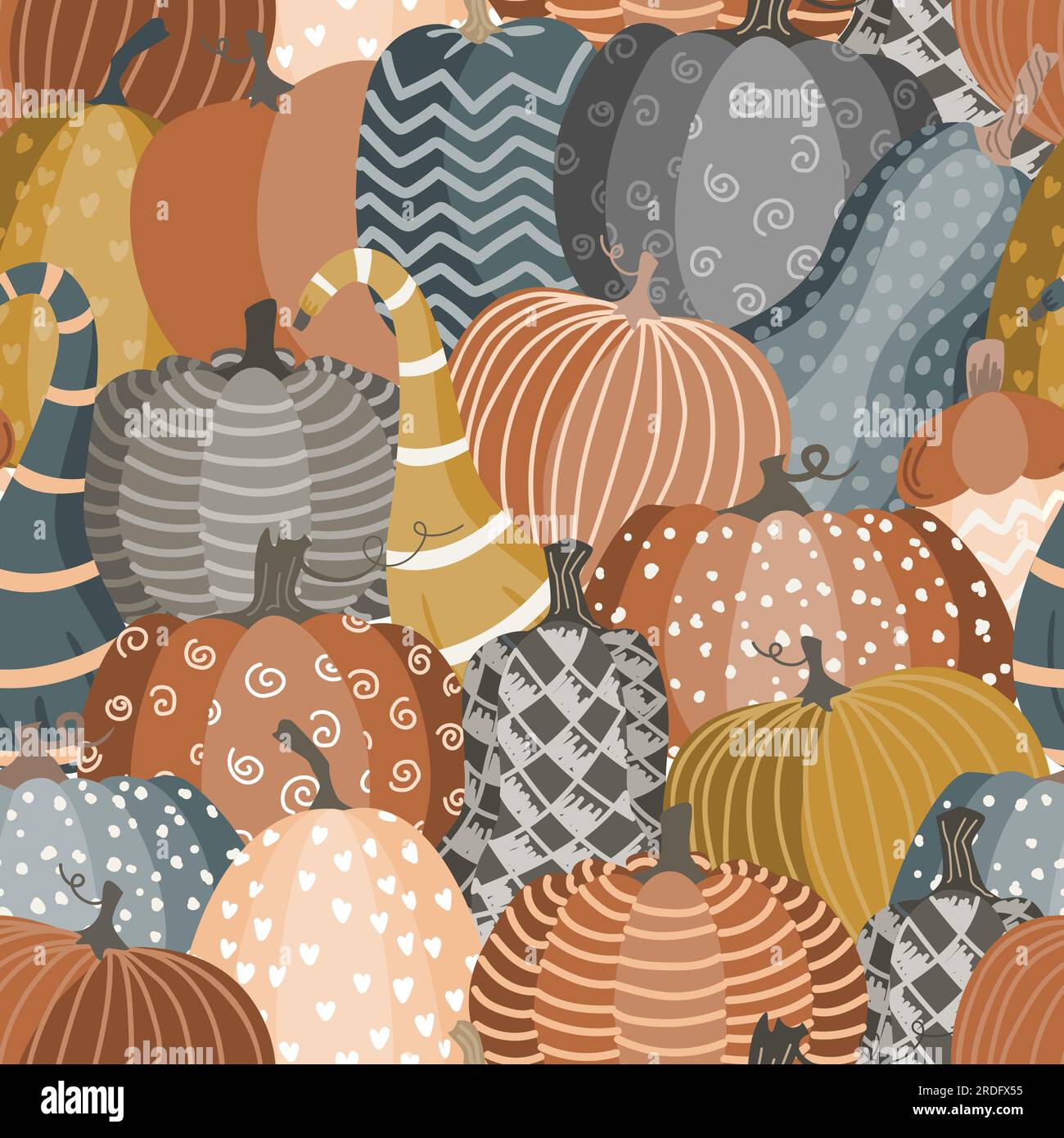 Carino zucche doodle modello senza cuciture. Halloween o sfondo del giorno del Ringraziamento. Illustrazione vettoriale. Illustrazione Vettoriale