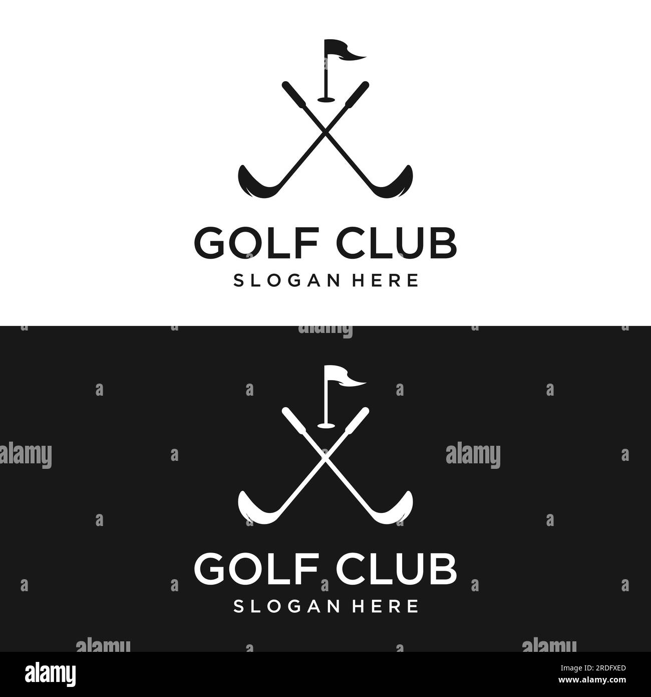 Pallina da golf e bastone e logo del campo da golf. Logo per squadra di golf professionista, club di golf, torneo, business, evento. Illustrazione Vettoriale