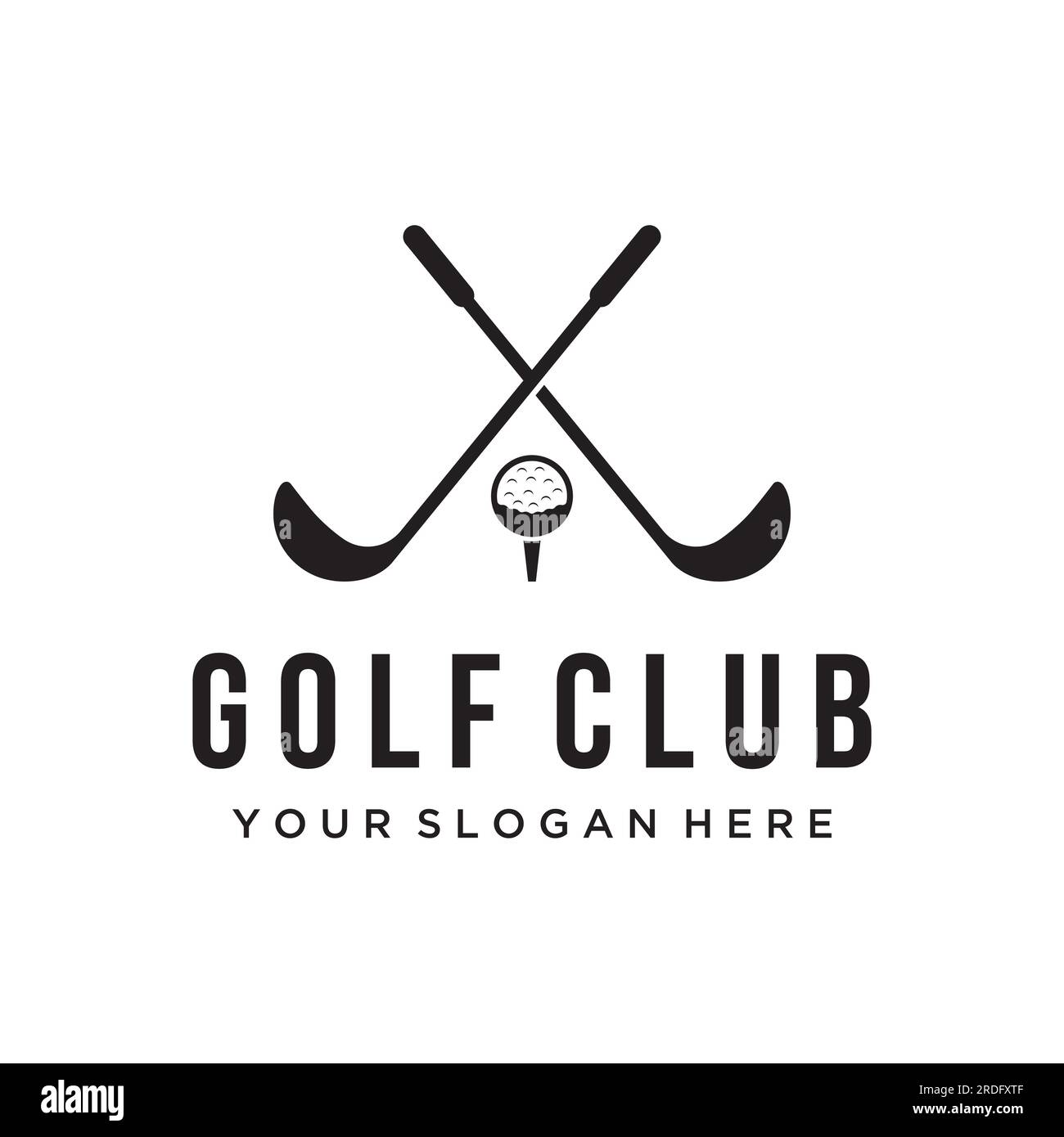 Pallina da golf e bastone e logo del campo da golf. Logo per squadra di golf professionista, club di golf, torneo, business, evento. Illustrazione Vettoriale