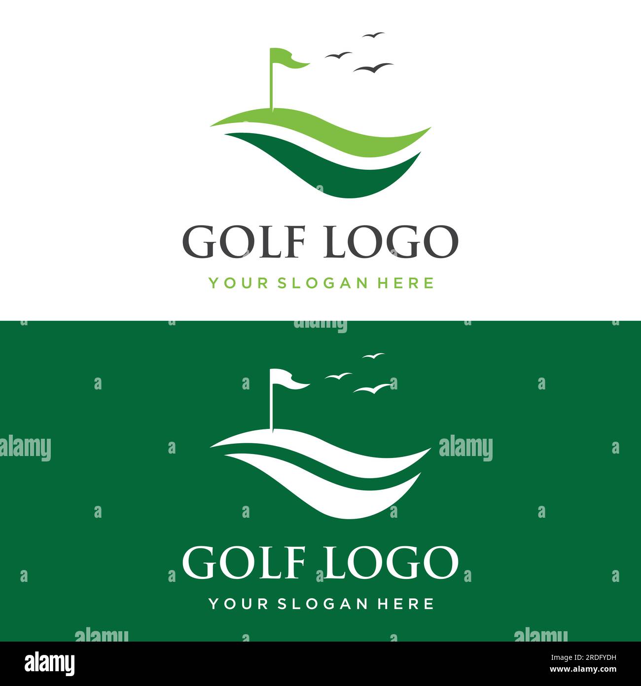 Pallina da golf e bastone e logo del campo da golf. Logo per squadra di golf professionista, club di golf, torneo, business, evento. Illustrazione Vettoriale