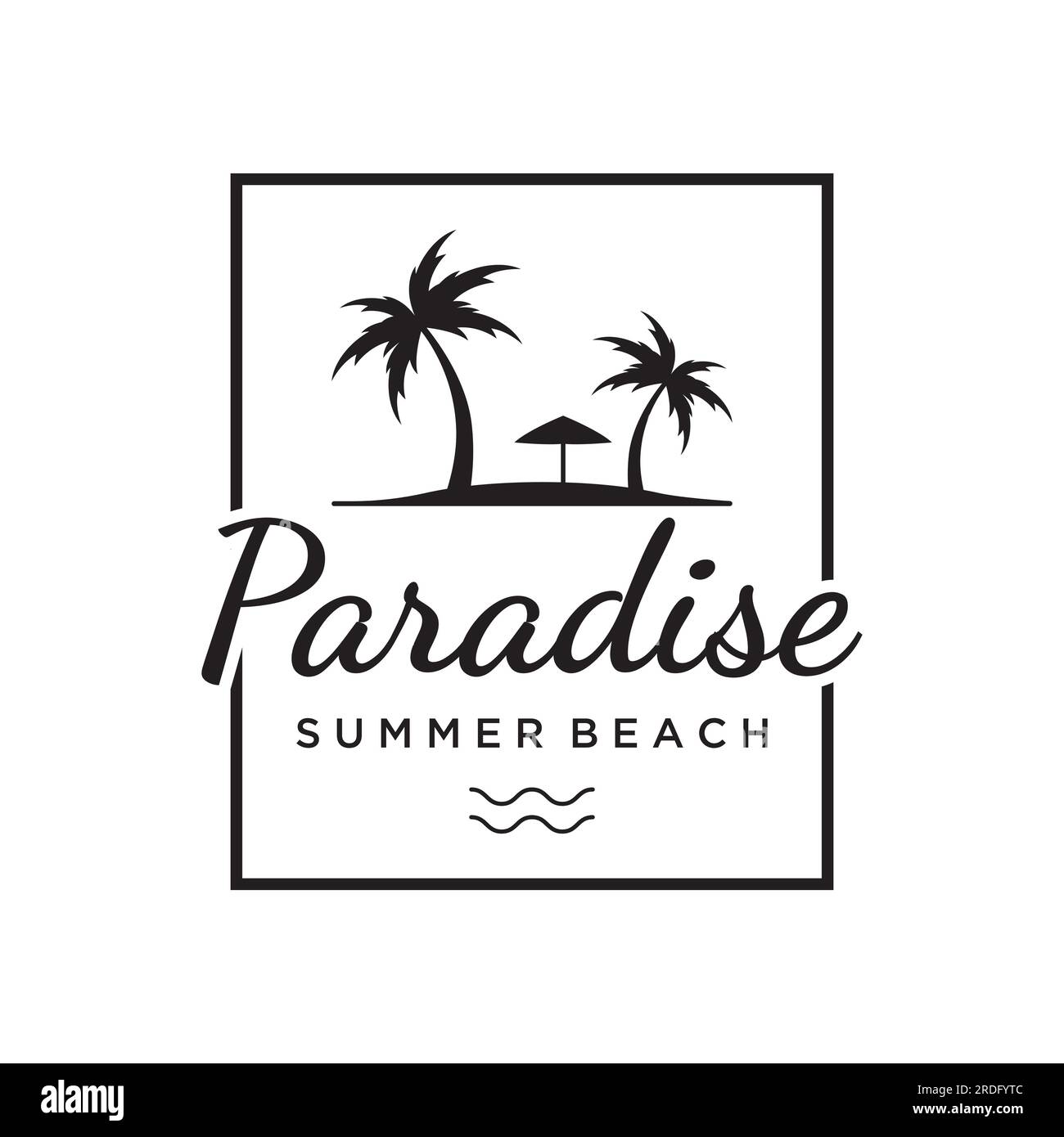 Logo creativo per le vacanze estive sulla spiaggia con simboli di onde, palme e tavole da surf in stile retrò. Emblema, etichetta, poster, badge. Illustrazione Vettoriale