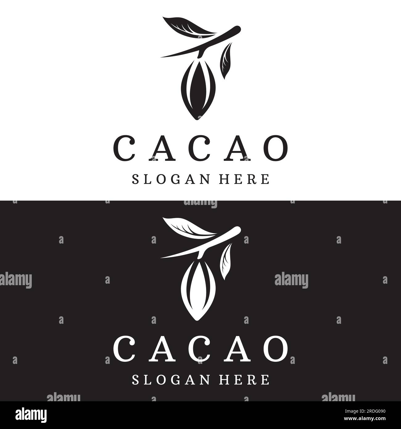 Design logotipo di pianta a cialda di cacao al cioccolato, fagioli di cacao, fondo isolato di piante organiche esotiche. Illustrazione Vettoriale