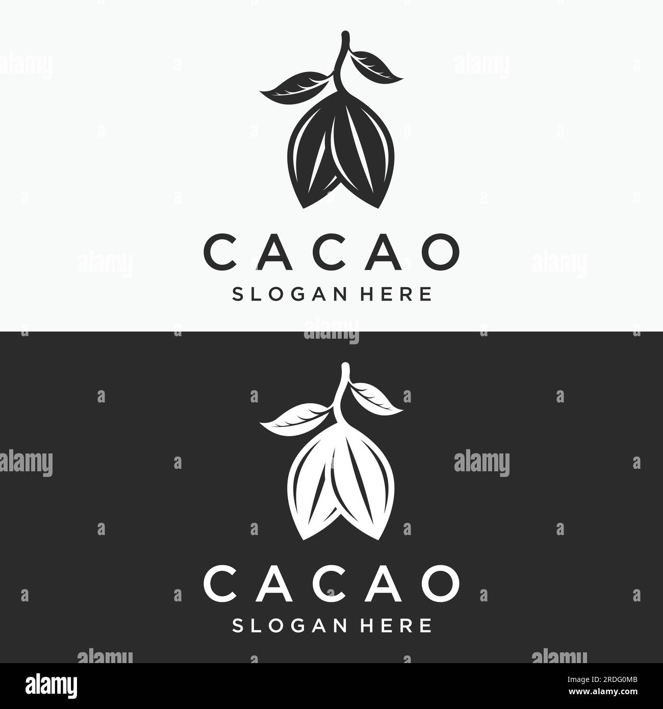 Design logotipo di pianta a cialda di cacao al cioccolato, fagioli di cacao, fondo isolato di piante organiche esotiche. Illustrazione Vettoriale