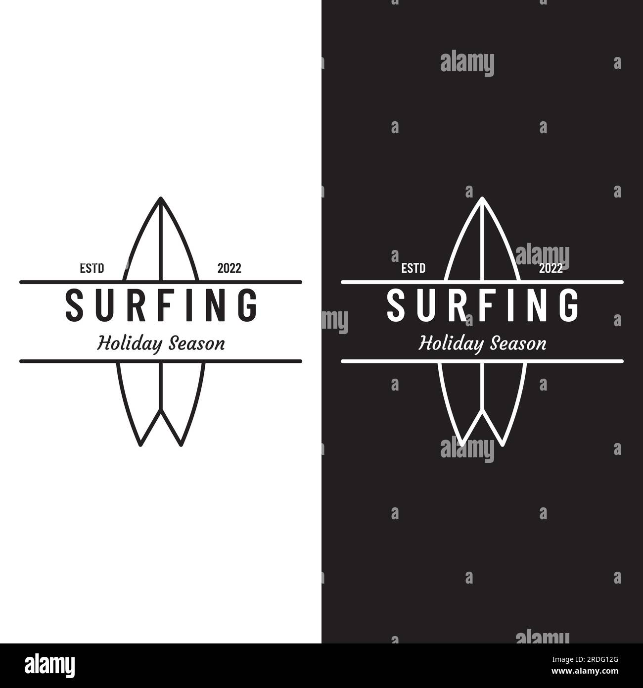 Logo da surf vintage, surf sulla spiaggia estiva. Per affari, badge, vacanze, etichetta, emblema. Illustrazione Vettoriale