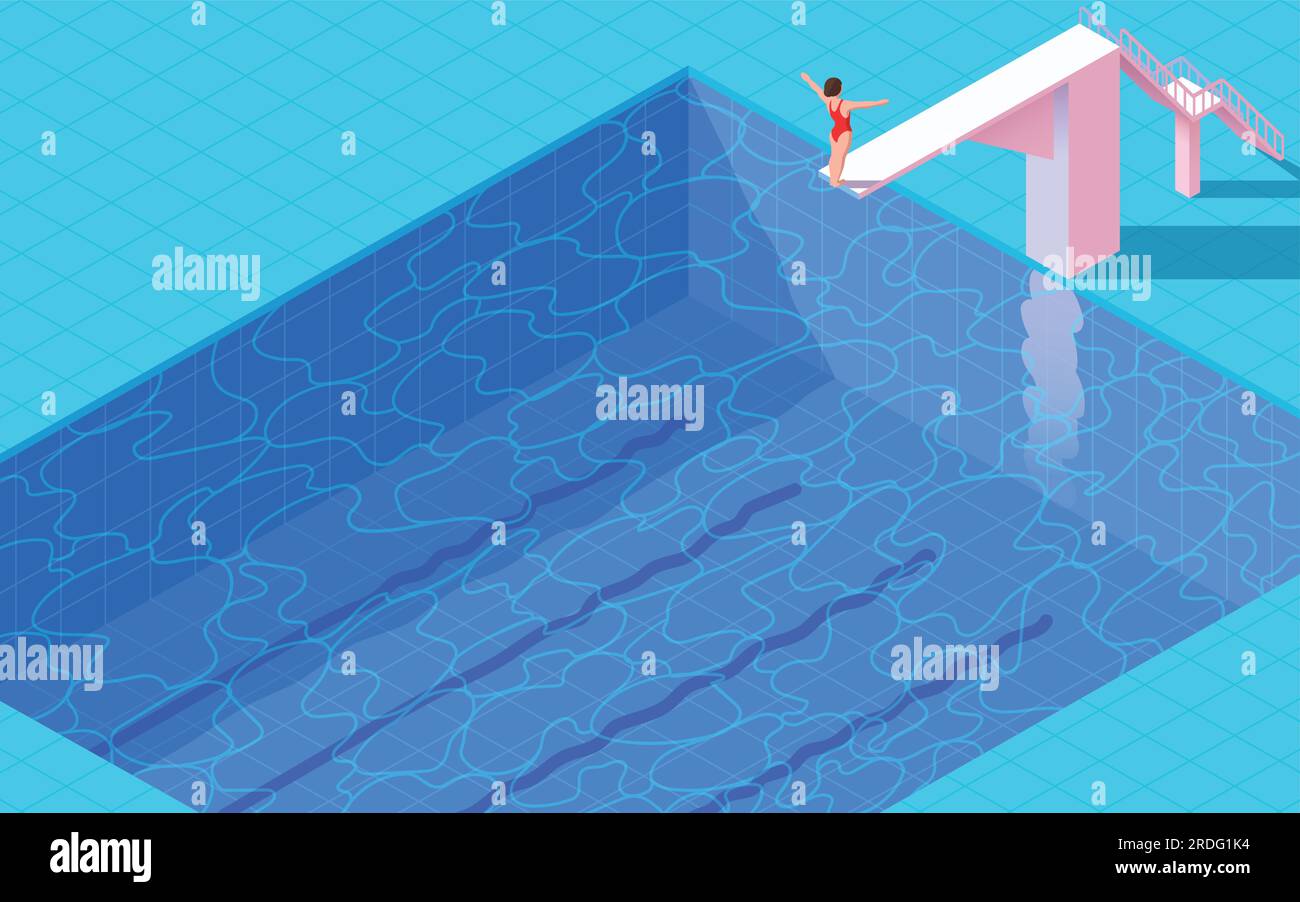 Illustrazione vettoriale. Donna che salta in acqua. L'atleta salta in piscina. Competizioni e formazione. Stile moderno Illustrazione Vettoriale