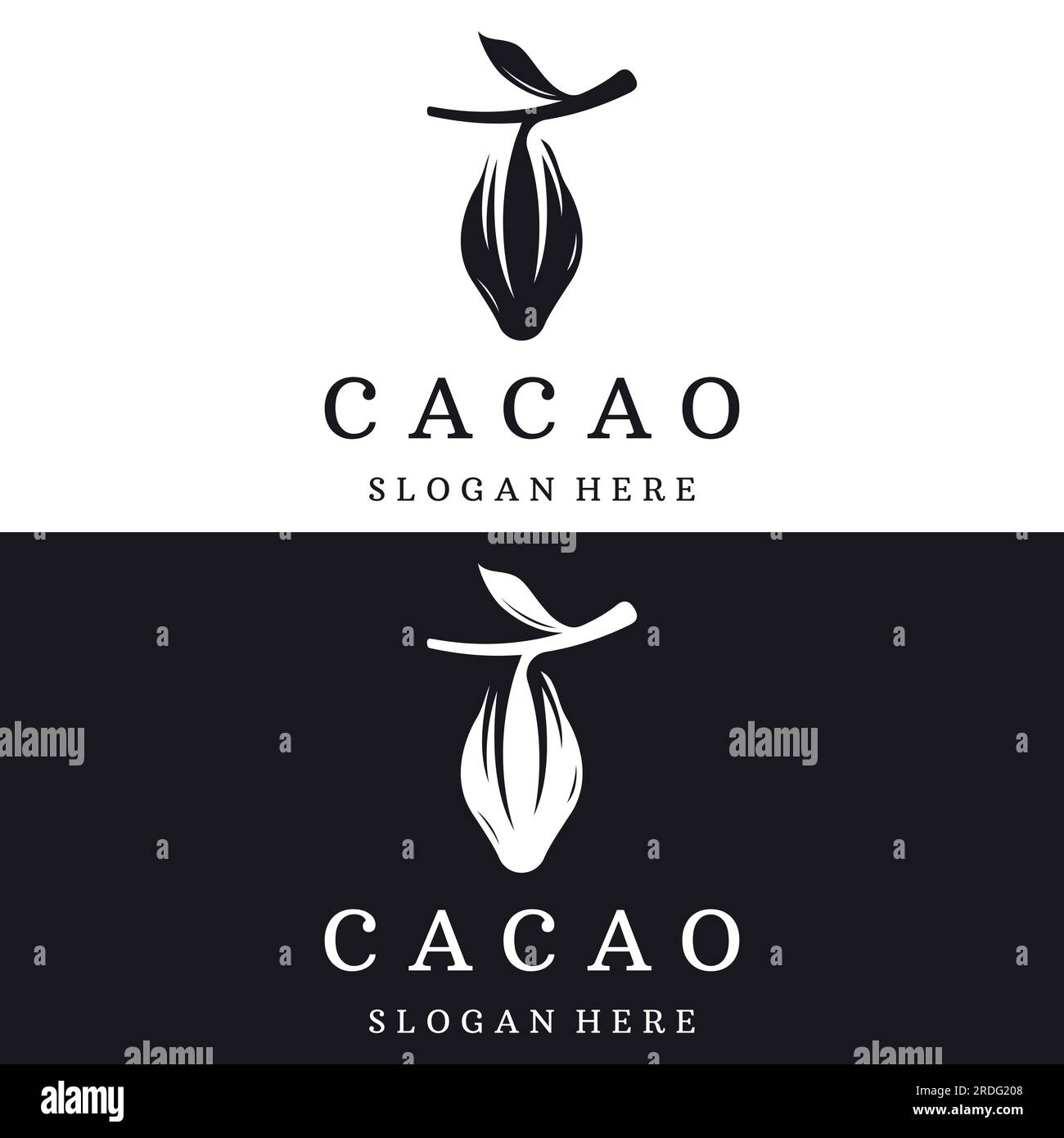 Design logotipo di pianta a cialda di cacao al cioccolato, fagioli di cacao, fondo isolato di piante organiche esotiche. Illustrazione Vettoriale