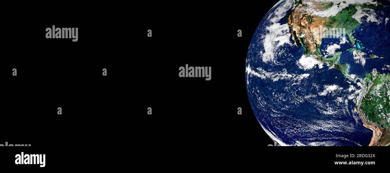 Mappa terrestre dallo spazio isolato su banner o intestazione con sfondo nero con spazio di copia. Foto satellitare della mappa del Nord e Sud America. Elementi di questa immagine Foto Stock