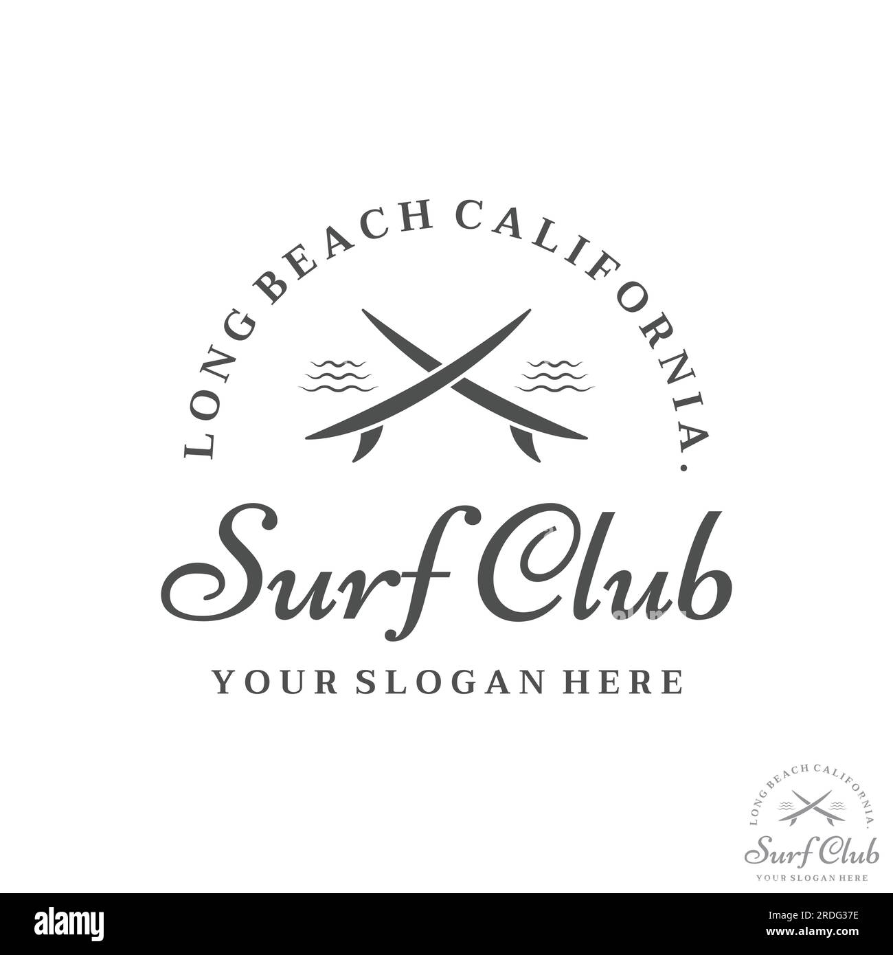 Logo da surf vintage, surf sulla spiaggia estiva. Per affari, badge, vacanze, etichetta, emblema. Illustrazione Vettoriale