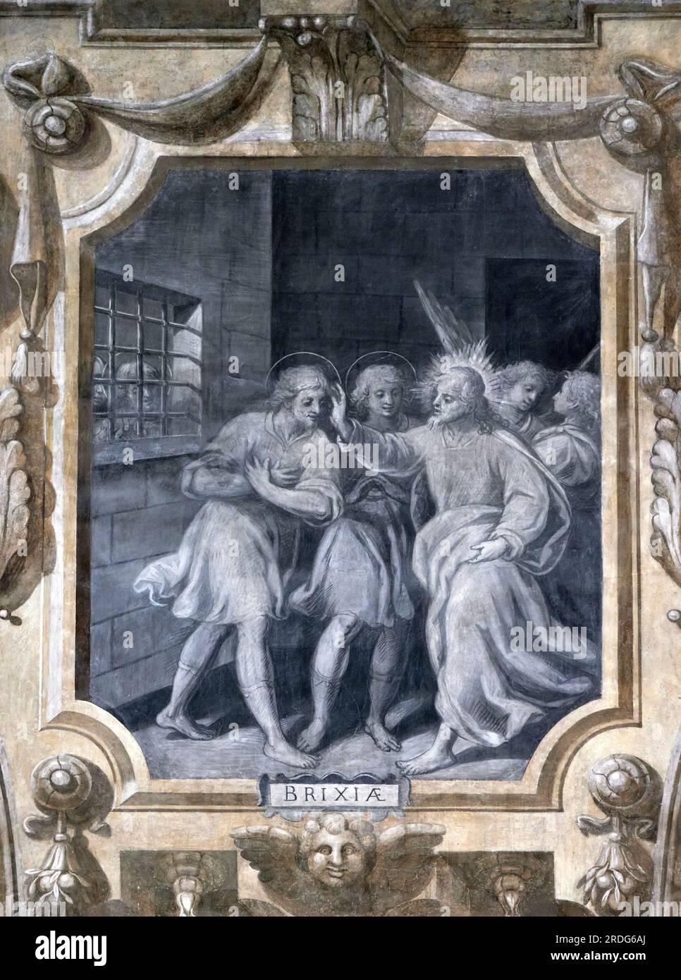 I Santi Faustino e Giovita, incarcerati a Brescia, sono confortati da Cristo - affresco - Camillo Rama - XVII secolo - Brescia, chiesa dei SS.Faust Foto Stock