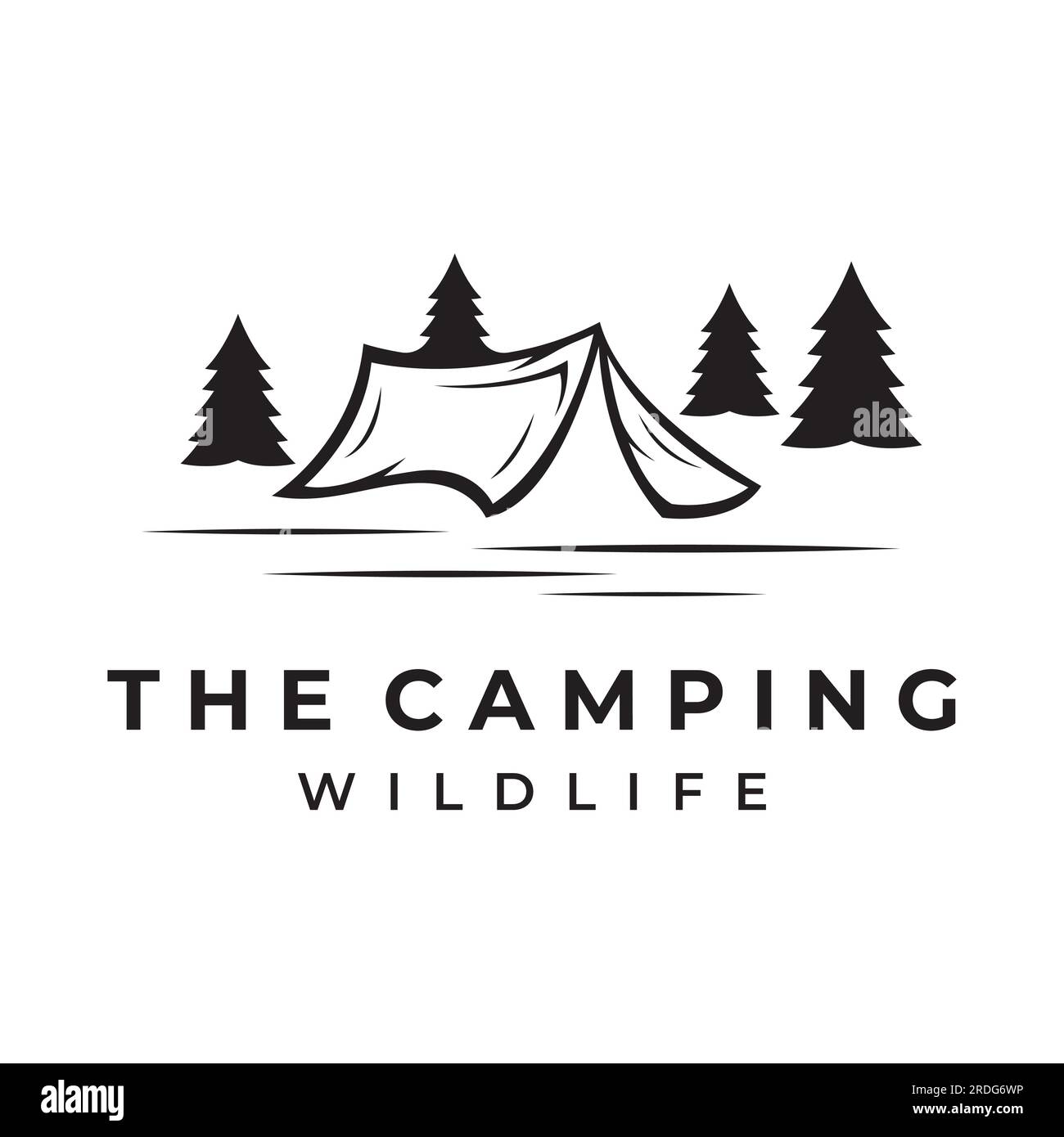 Campeggi all'aperto vintage e rétro o tenda da campeggio con insegna tenda, alberi e fuoco da campeggio. Campeggio per avventurieri, esploratori e arrampicatori. Illustrazione Vettoriale