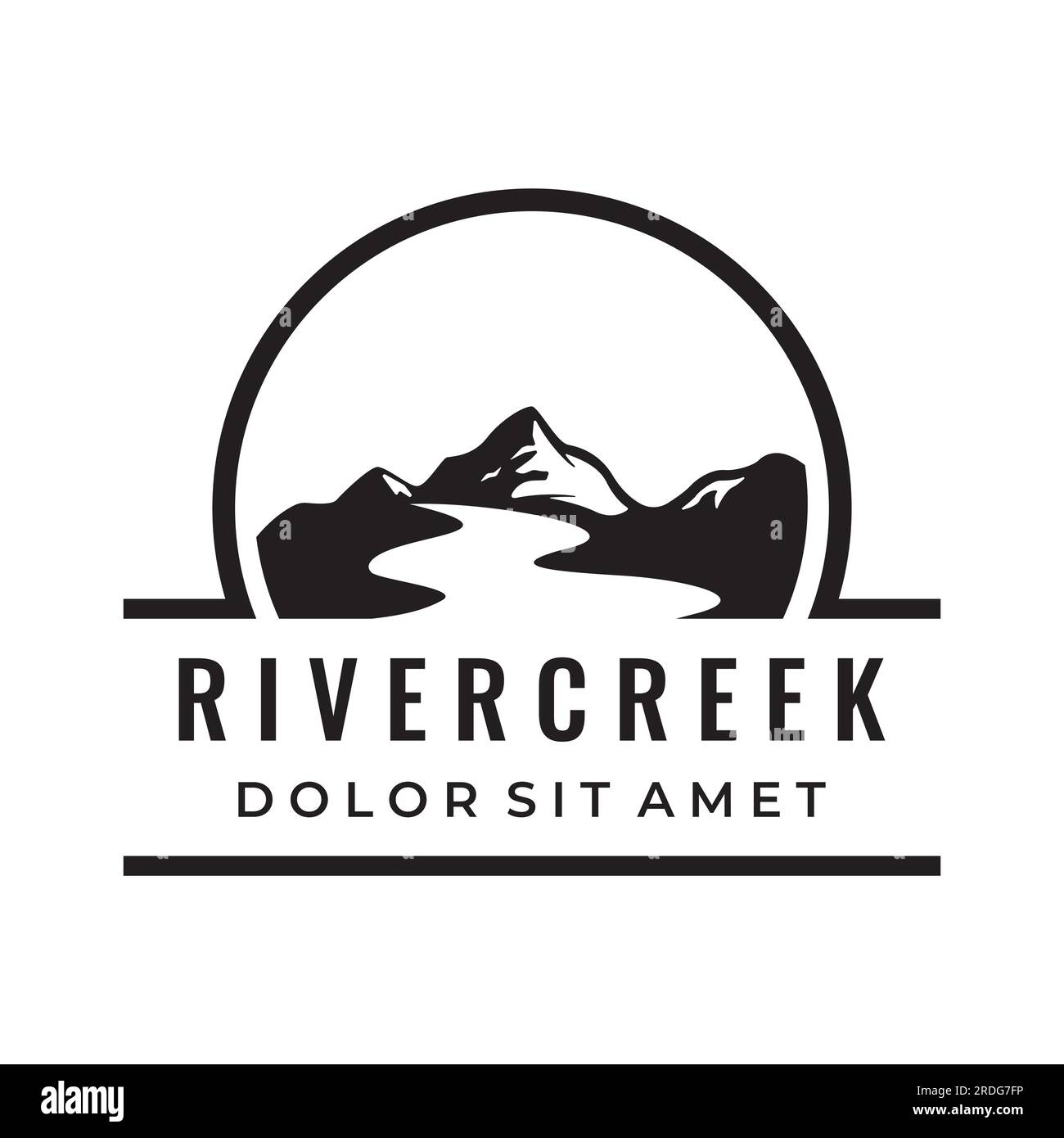 Loghi di fiumi, insenature, sponde e ruscelli. Logo River con combinazione di montagne e terreni agricoli con design a concetto vettoriale. Illustrazione Vettoriale