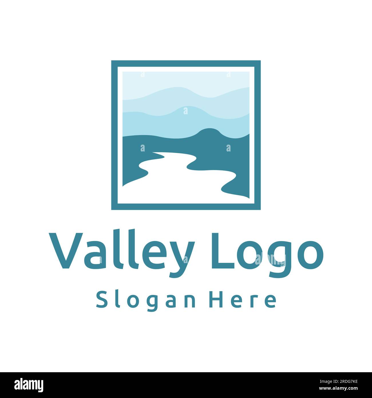 Loghi di fiumi, insenature, sponde e ruscelli. Logo River con combinazione di montagne e terreni agricoli con design a concetto vettoriale. Illustrazione Vettoriale