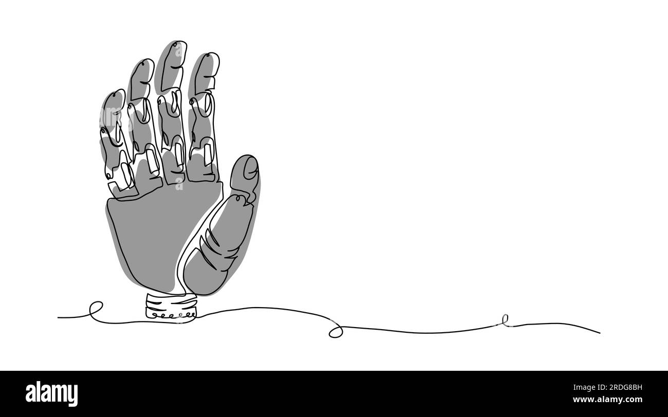 Mano umana in metallo, braccio droide cyborg, tecnologia artificiale innovativa. Protesi della mano robotica vettoriale, del braccio meccanico. Un disegno a linee continuo Illustrazione Vettoriale