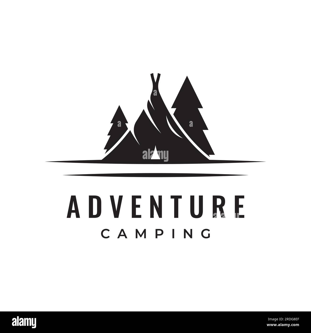 Campeggi all'aperto vintage e rétro o tenda da campeggio con insegna tenda, alberi e fuoco da campeggio. Campeggio per avventurieri, esploratori e arrampicatori. Illustrazione Vettoriale