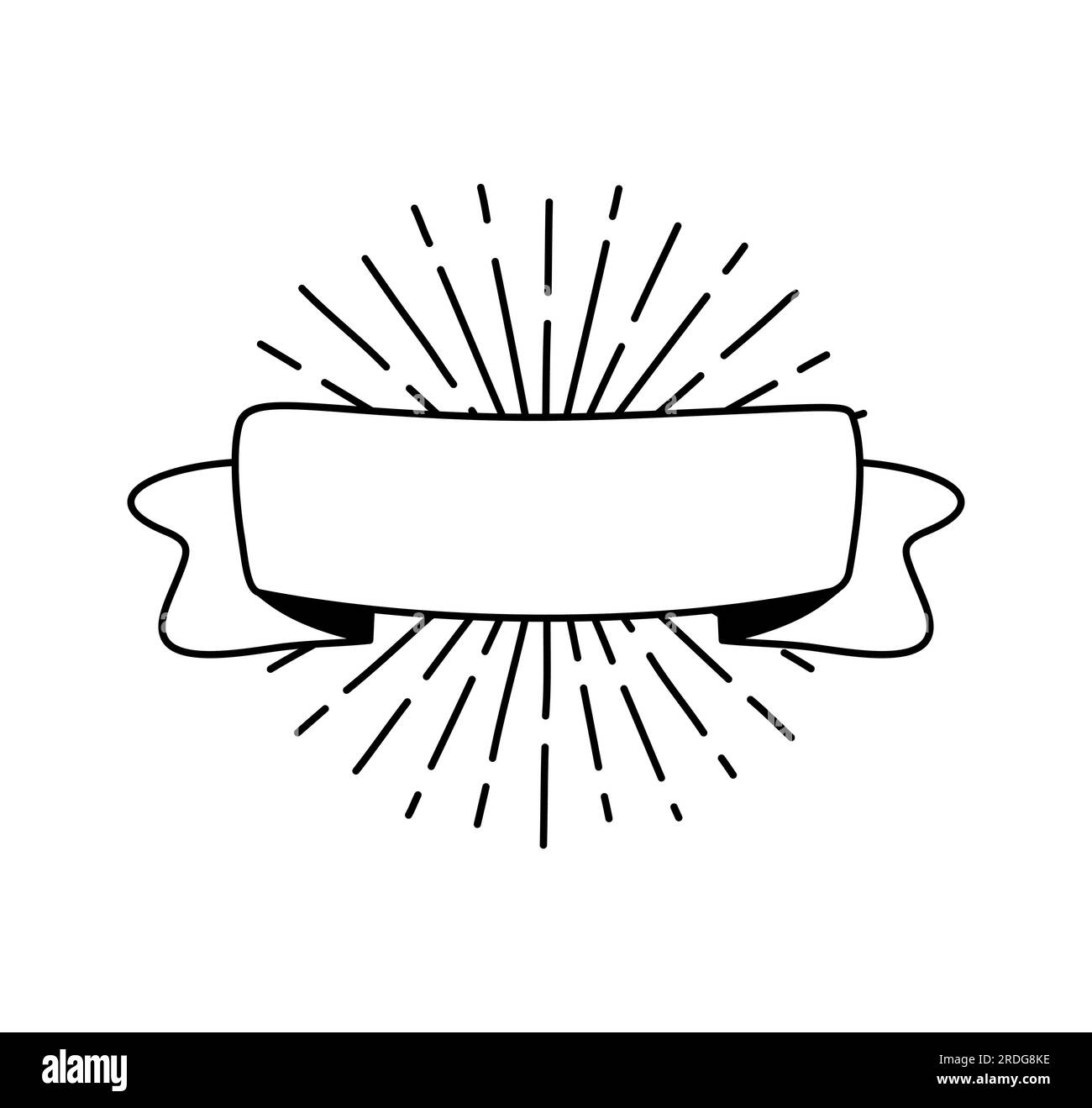 Nastro nero monolina con raggi solari. Icona banner riga, elemento Web design. Illustrazione vettoriale disegnata a mano. Spazio per il testo per l'ufficio, messaggio di saluto Illustrazione Vettoriale