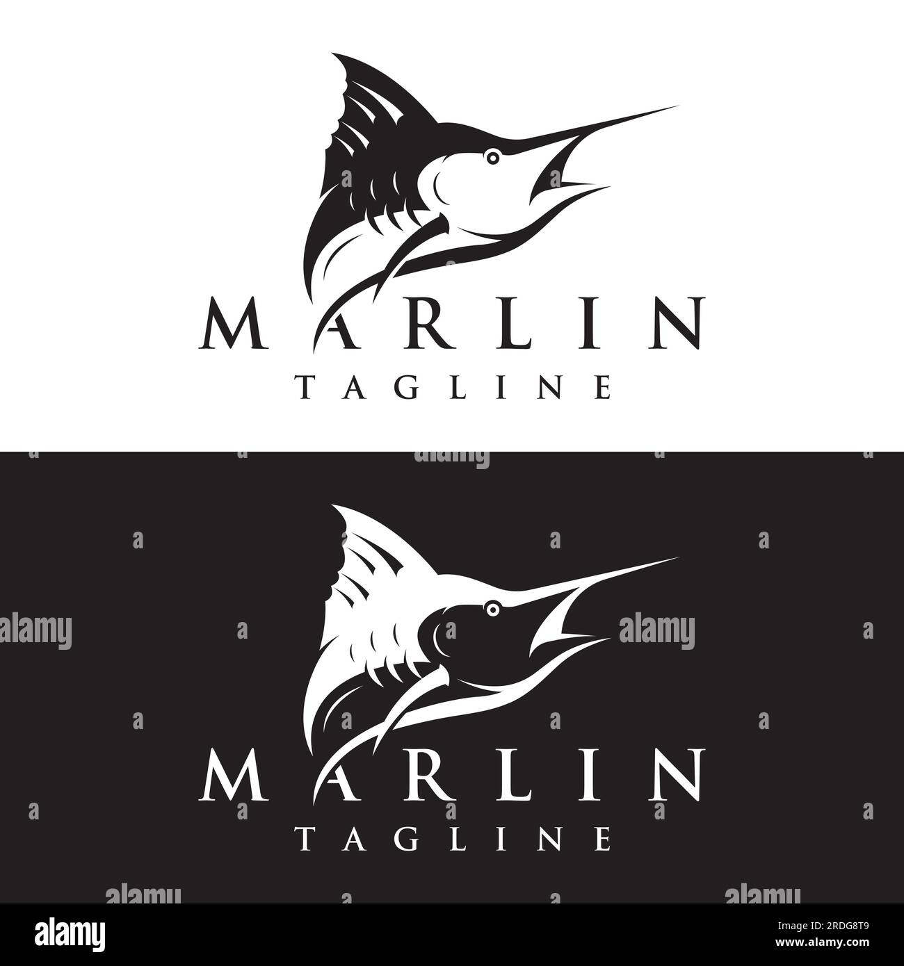 Logo astratto di pesce spada creativo o silhouette di pesce marlin.marlin che salta sull'acqua. Illustrazione Vettoriale