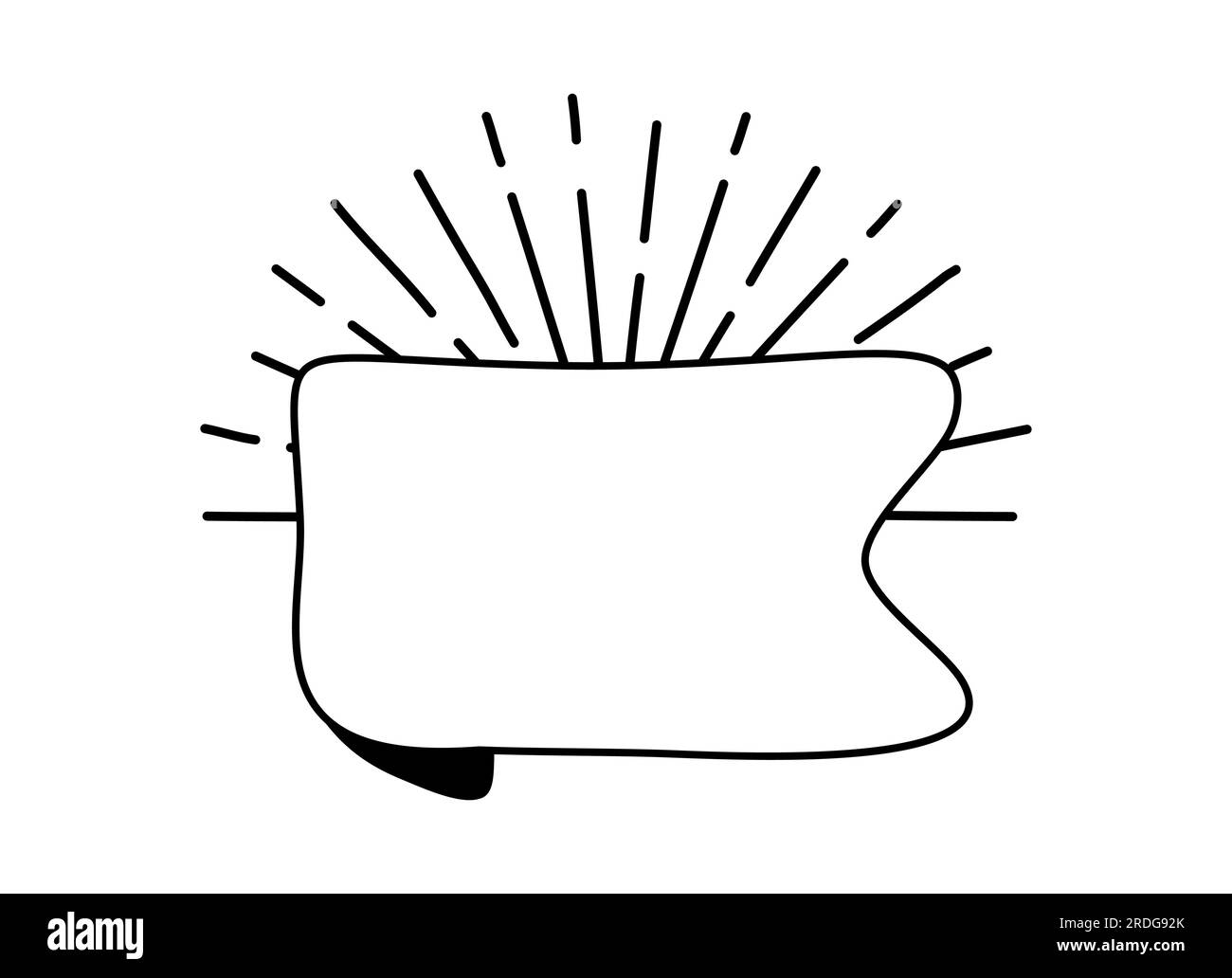 Nastro nero monolina con raggi solari. Icona banner riga, elemento Web design. Illustrazione vettoriale disegnata a mano. Spazio per il testo per l'ufficio, messaggio di saluto Illustrazione Vettoriale