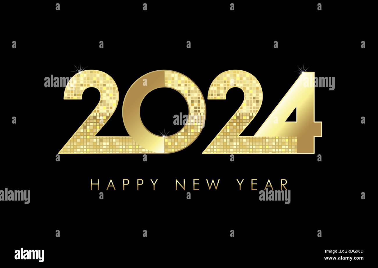 Tessera di lusso Golden Happy New Year 2024. Numeri natalizi 20 24 nei colori oro, modello per le feste. Illustrazione vettoriale Illustrazione Vettoriale