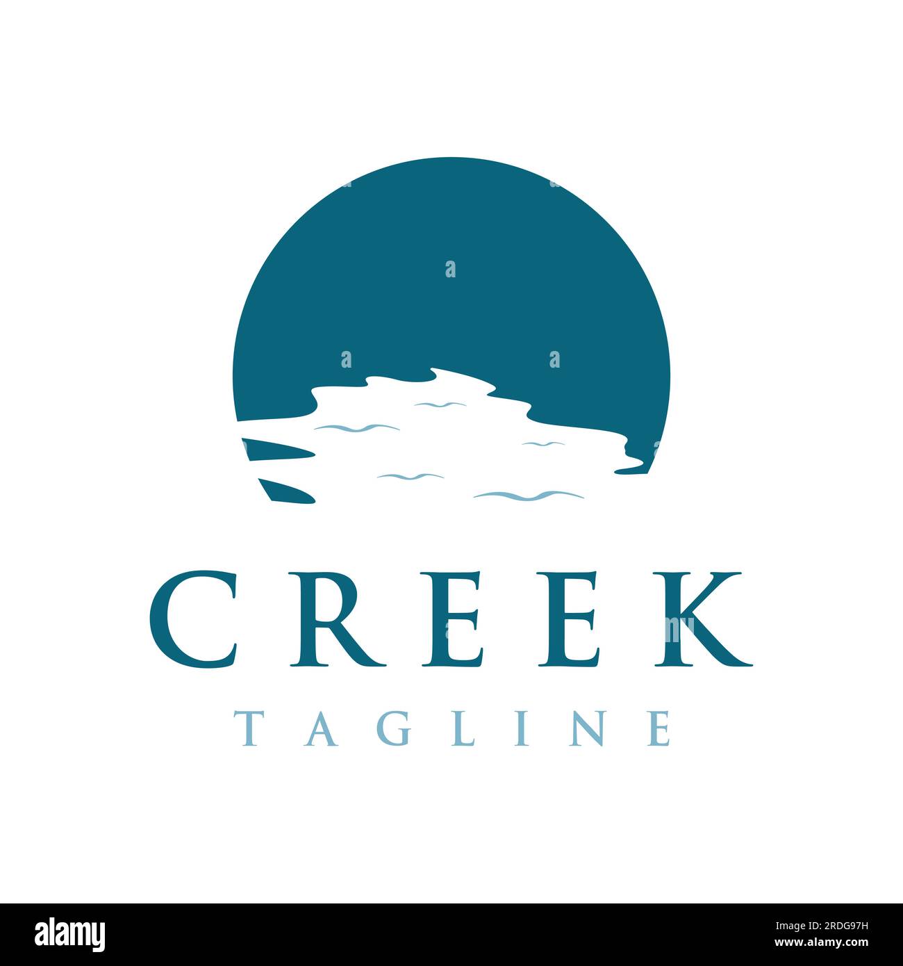 Loghi di fiumi, insenature, sponde e ruscelli. Logo River con combinazione di montagne e terreni agricoli con design a concetto vettoriale. Illustrazione Vettoriale