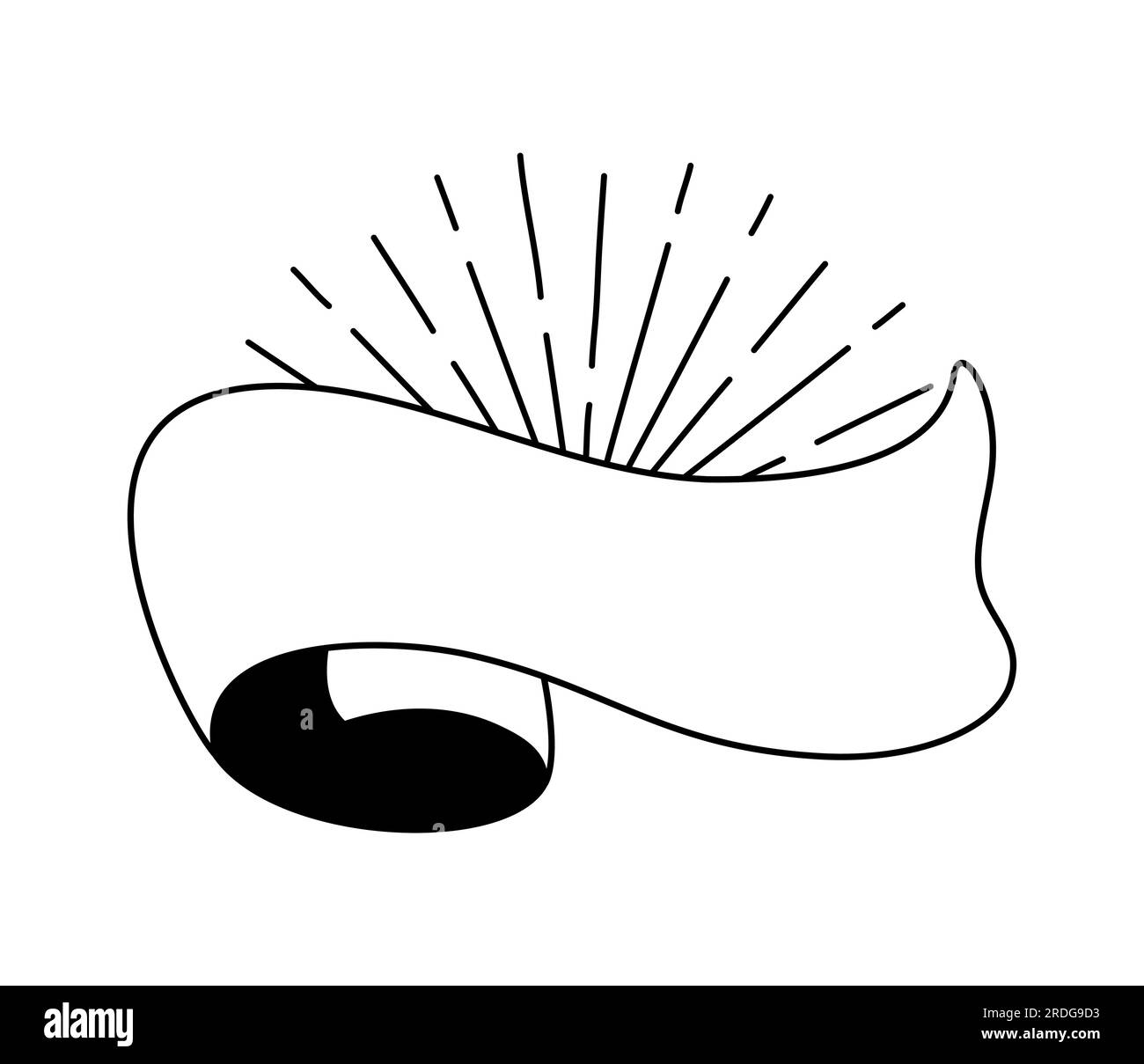 Nastro nero vettoriale con raggi solari. Icona banner, elemento Web design. Illustrazione disegnata a mano. Spazio per il testo per ufficio, biglietti di auguri e. Illustrazione Vettoriale