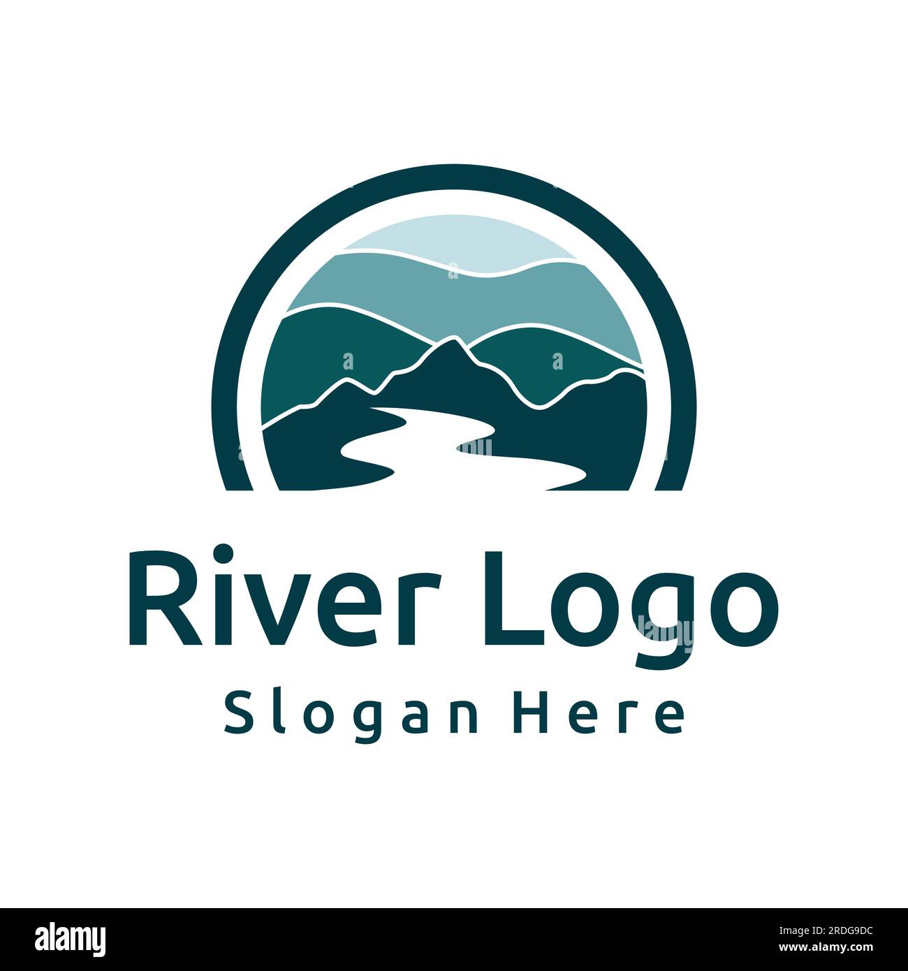 Loghi di fiumi, insenature, sponde e ruscelli. Logo River con combinazione di montagne e terreni agricoli con design a concetto vettoriale. Illustrazione Vettoriale
