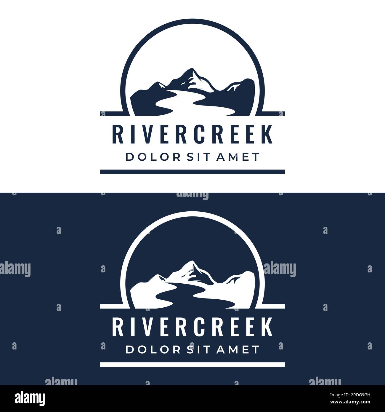 Loghi di fiumi, insenature, sponde e ruscelli. Logo River con combinazione di montagne e terreni agricoli con design a concetto vettoriale. Illustrazione Vettoriale