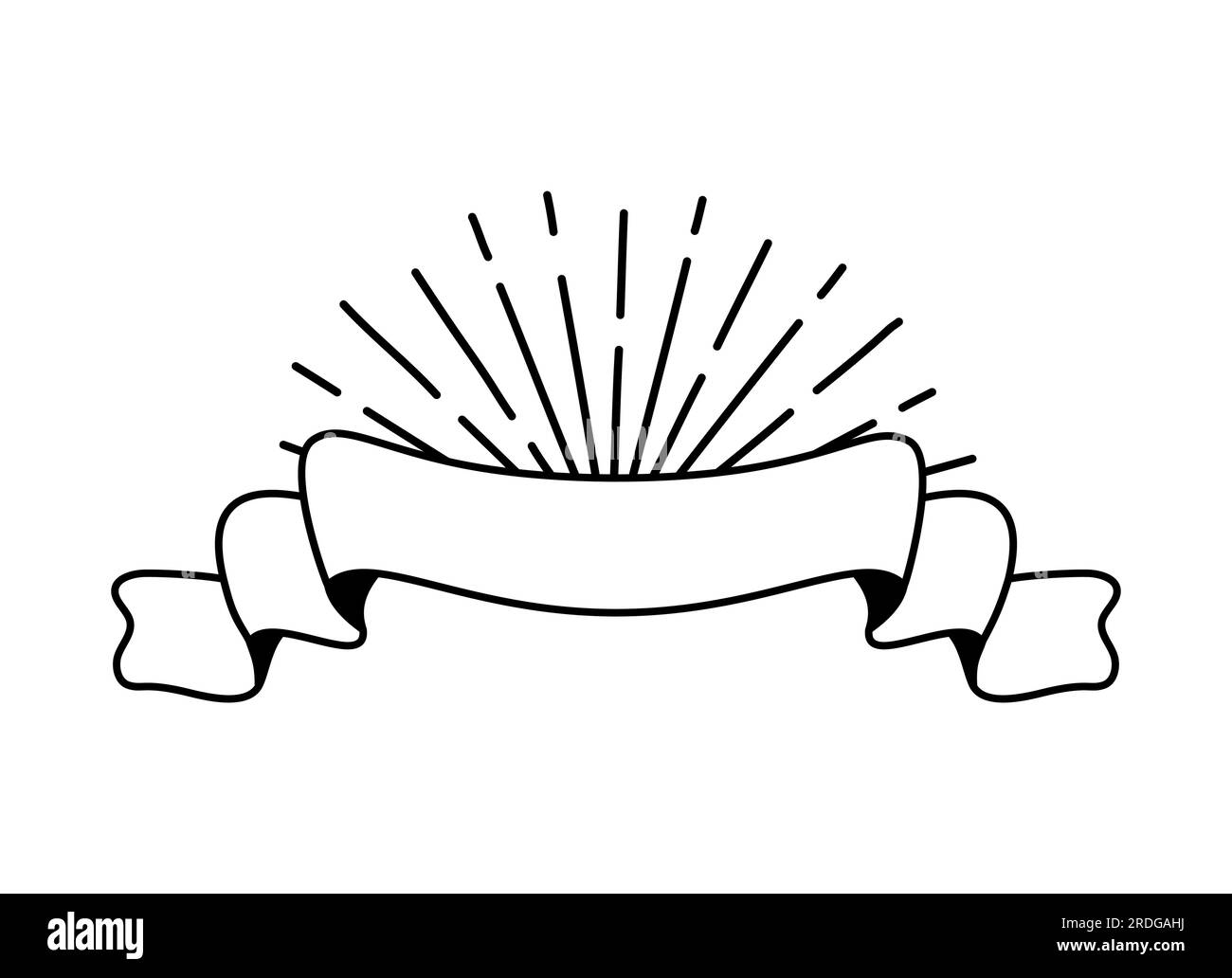 Nastro nero vettoriale con raggi solari. Icona banner, elemento Web design. Illustrazione disegnata a mano. Spazio per il testo per ufficio, biglietti di auguri e. Illustrazione Vettoriale