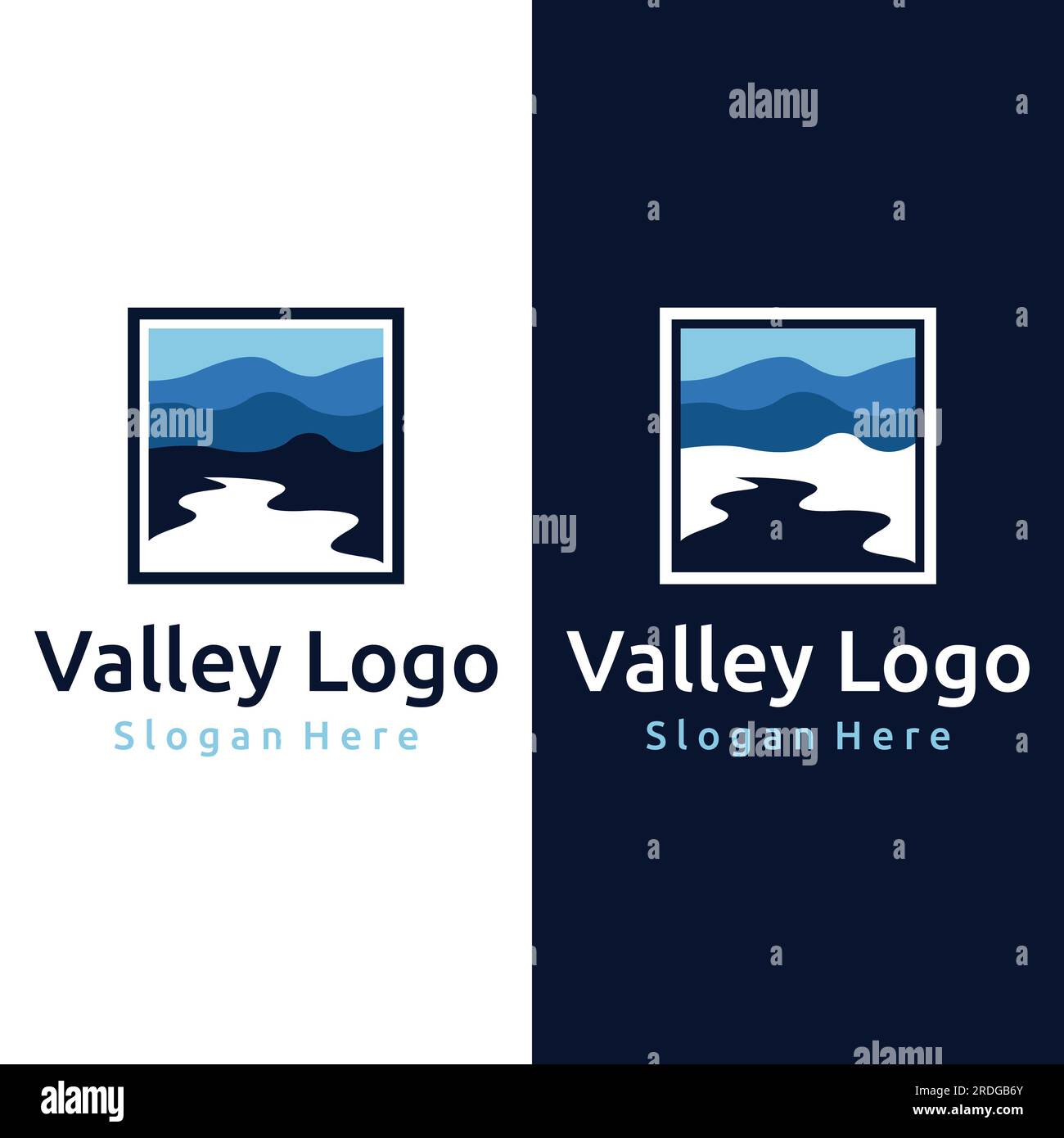 Loghi di fiumi, insenature, sponde e ruscelli. Logo River con combinazione di montagne e terreni agricoli con design a concetto vettoriale. Illustrazione Vettoriale