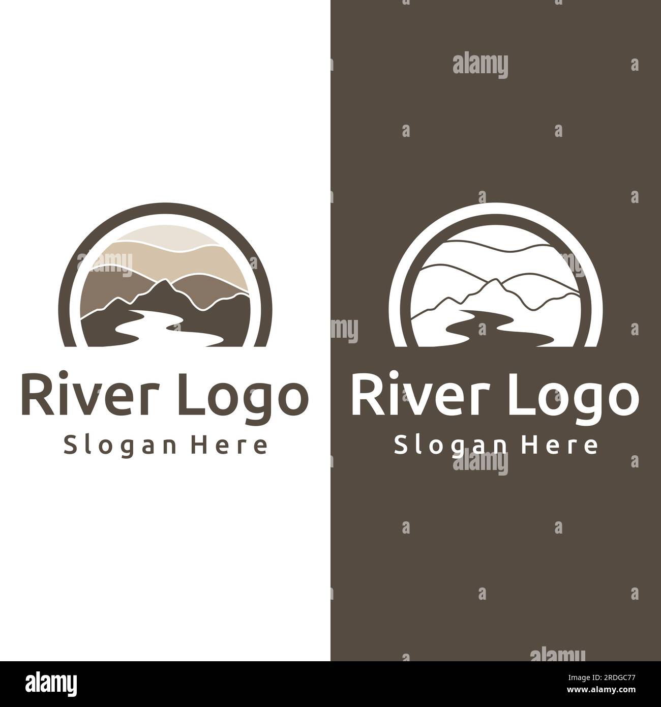 Loghi di fiumi, insenature, sponde e ruscelli. Logo River con combinazione di montagne e terreni agricoli con design a concetto vettoriale. Illustrazione Vettoriale