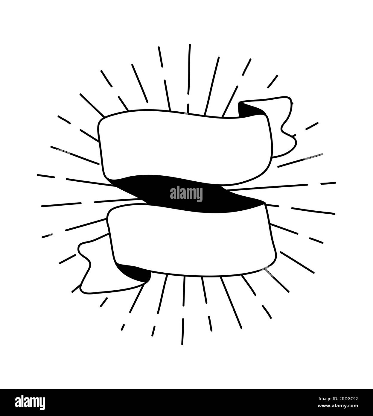 Nastro nero vettoriale con raggi solari. Icona banner, elemento Web design. Illustrazione disegnata a mano. Spazio per il testo per ufficio, biglietti di auguri e. Illustrazione Vettoriale