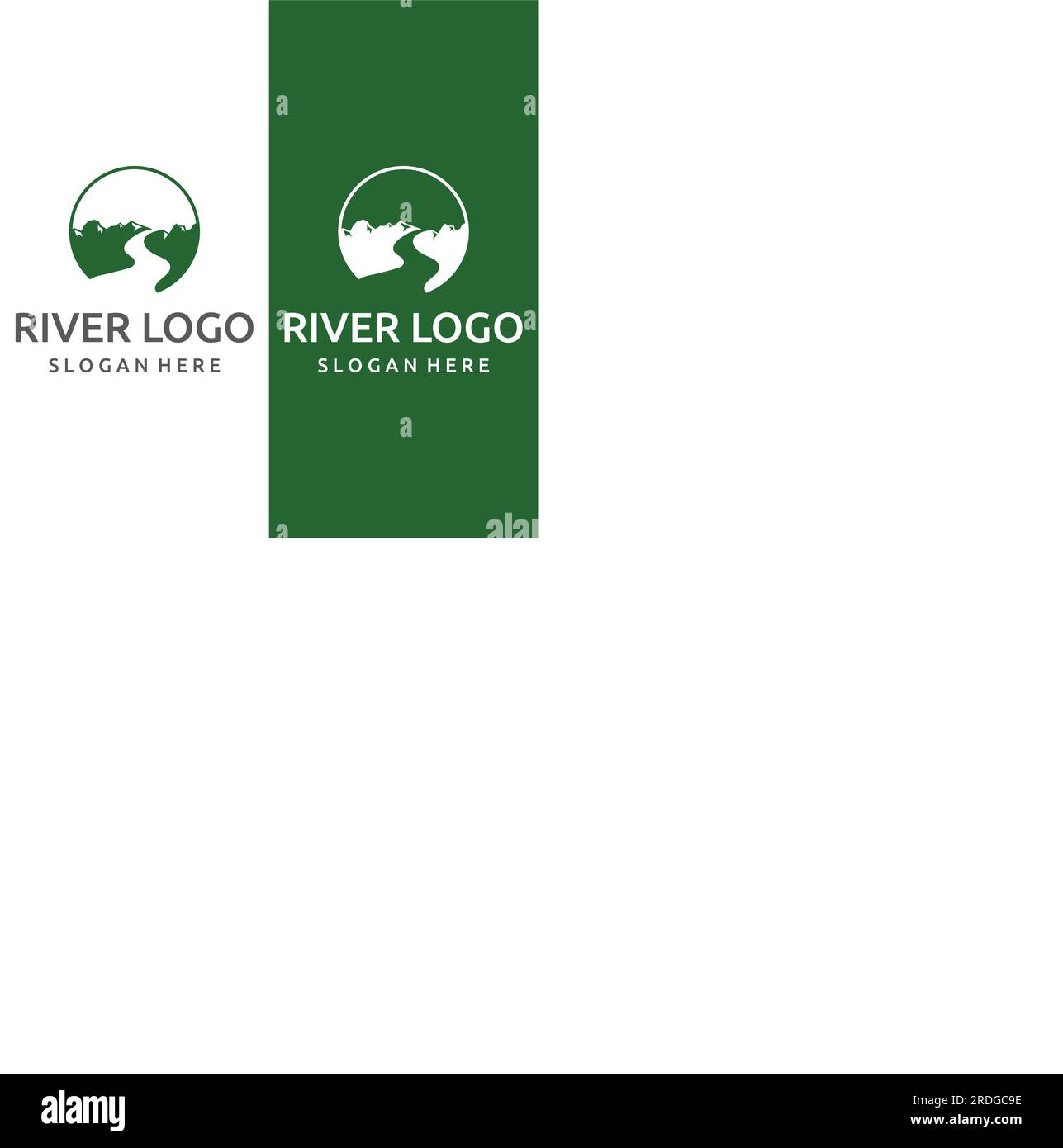 Loghi di fiumi, insenature, sponde e ruscelli. Logo River con combinazione di montagne e terreni agricoli con design a concetto vettoriale. Illustrazione Vettoriale