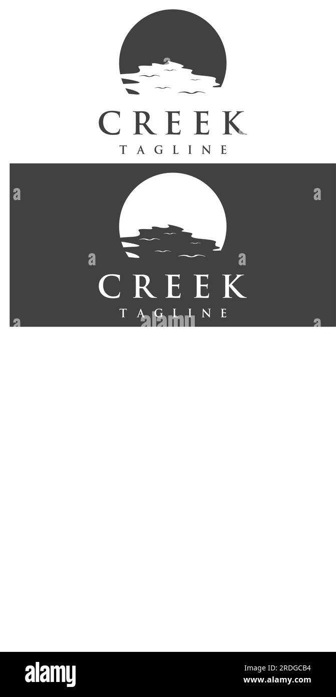 Loghi di fiumi, insenature, sponde e ruscelli. Logo River con combinazione di montagne e terreni agricoli con design a concetto vettoriale. Illustrazione Vettoriale