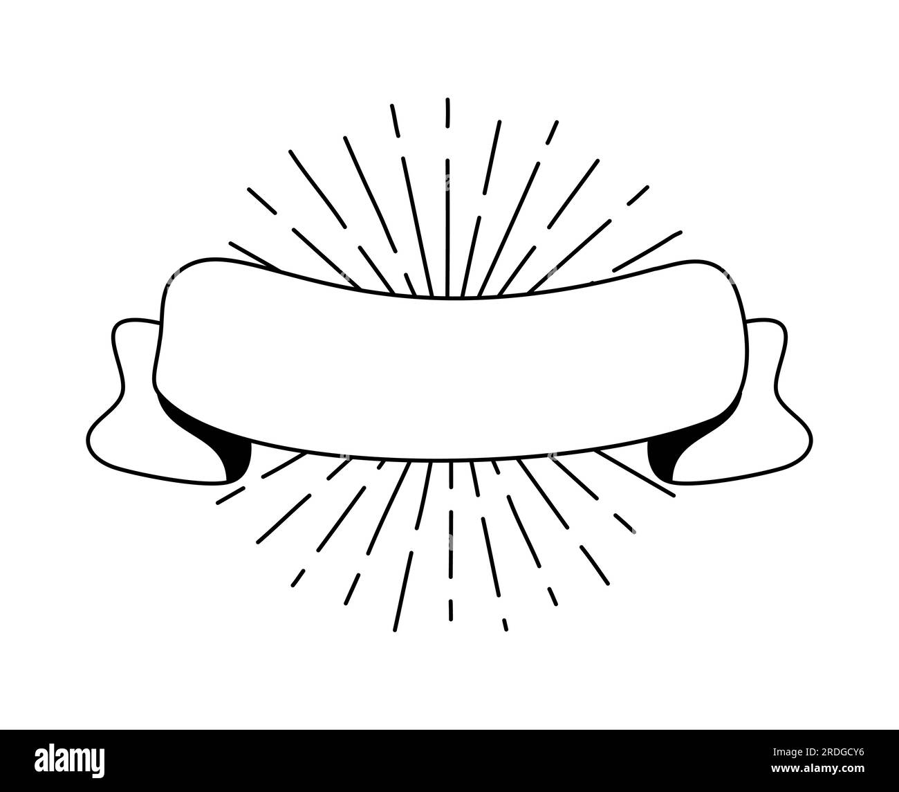 Nastro nero monolina con raggi solari. Icona banner riga, elemento Web design. Illustrazione vettoriale disegnata a mano. Spazio per il testo per l'ufficio, messaggio di saluto Illustrazione Vettoriale