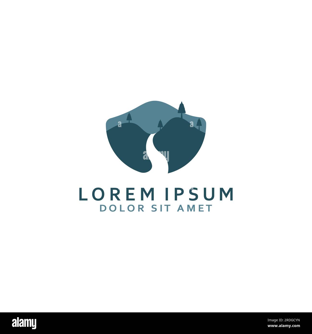 Loghi di fiumi, insenature, sponde e ruscelli. Logo River con combinazione di montagne e terreni agricoli con design a concetto vettoriale. Illustrazione Vettoriale