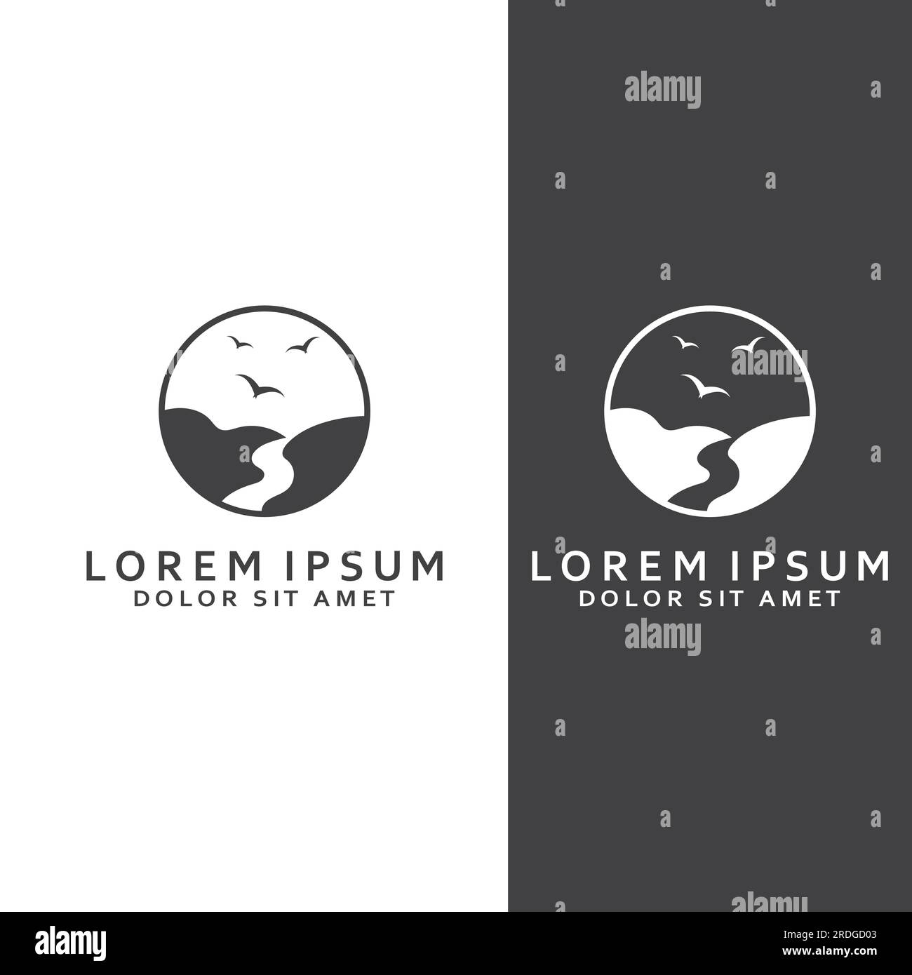 Loghi di fiumi, insenature, sponde e ruscelli. Logo River con combinazione di montagne e terreni agricoli con design a concetto vettoriale. Illustrazione Vettoriale