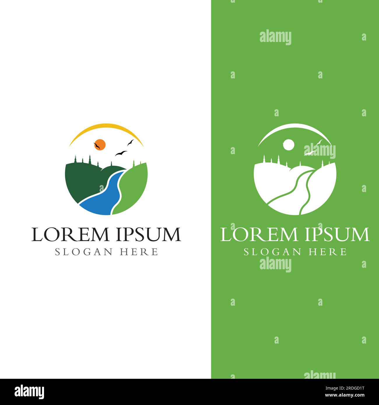 Loghi di fiumi, insenature, sponde e ruscelli. Logo River con combinazione di montagne e terreni agricoli con design a concetto vettoriale. Illustrazione Vettoriale