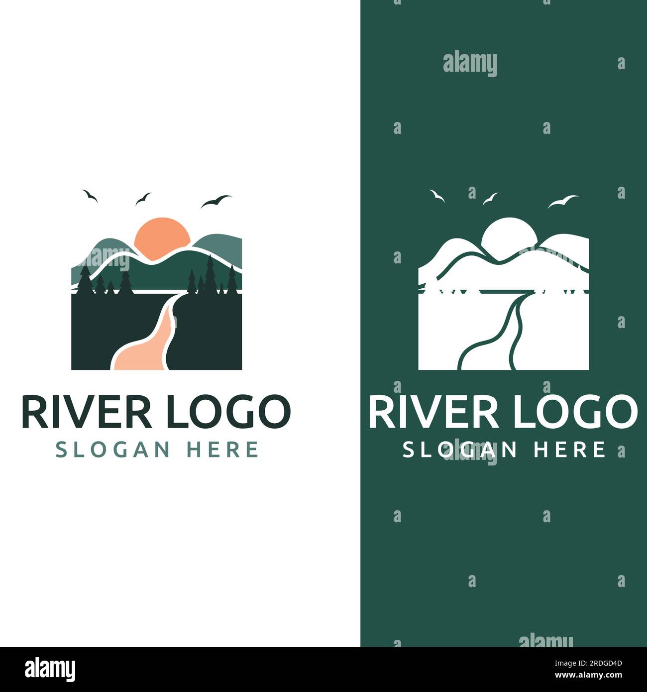 Loghi di fiumi, insenature, sponde e ruscelli. Logo River con combinazione di montagne e terreni agricoli con design a concetto vettoriale. Illustrazione Vettoriale
