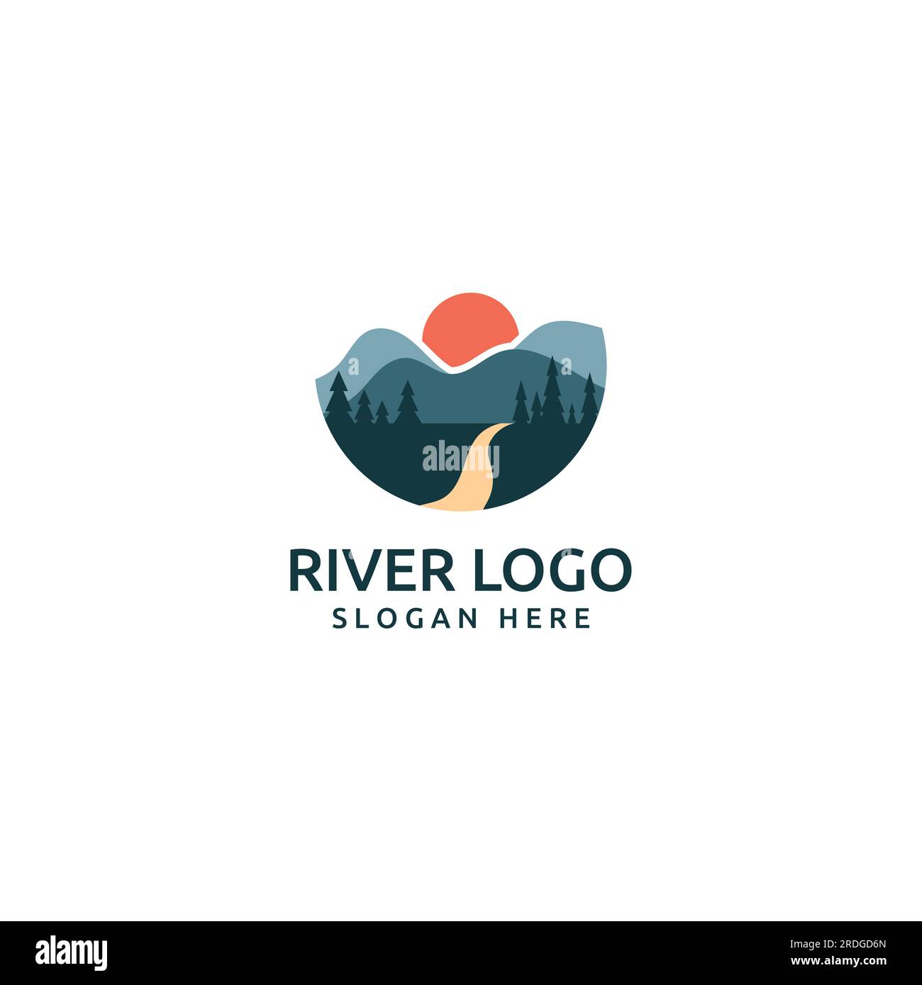 Loghi di fiumi, insenature, sponde e ruscelli. Logo River con combinazione di montagne e terreni agricoli con design a concetto vettoriale. Illustrazione Vettoriale