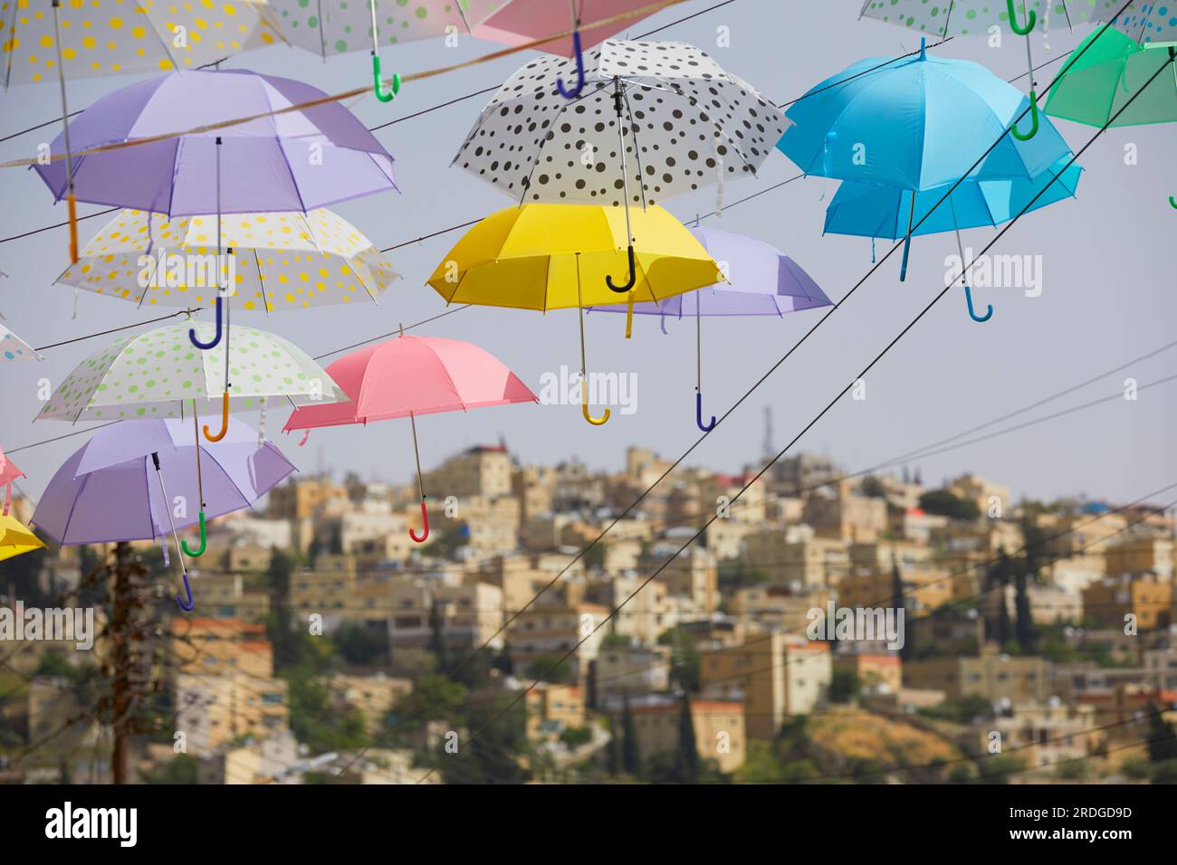 Ombrelli colorati sospesi sopra la strada, Amman, Giordania Foto Stock