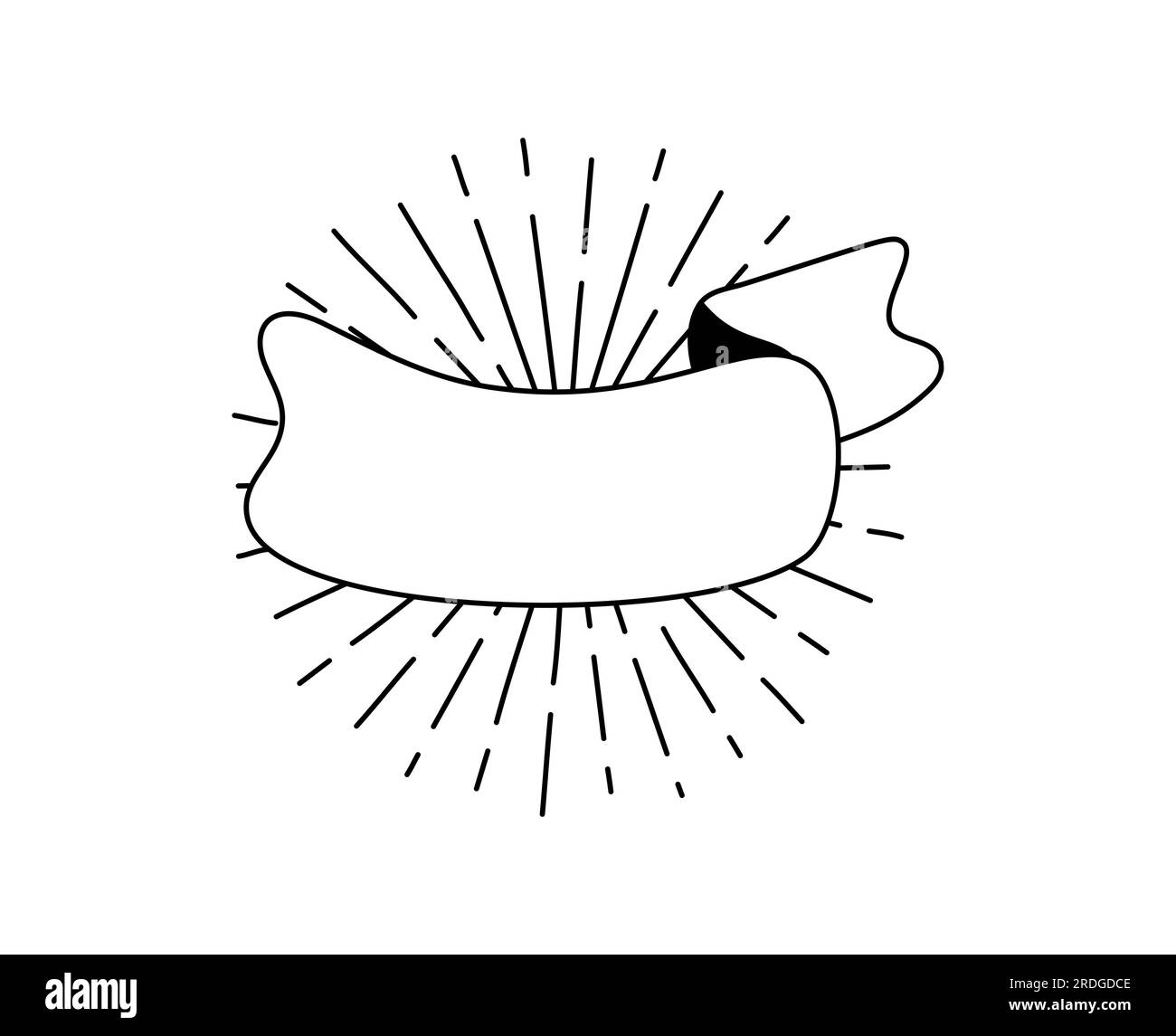 Nastro nero vettoriale con raggi solari. Icona banner, elemento Web design. Illustrazione disegnata a mano. Spazio per il testo per ufficio, biglietti di auguri e. Illustrazione Vettoriale