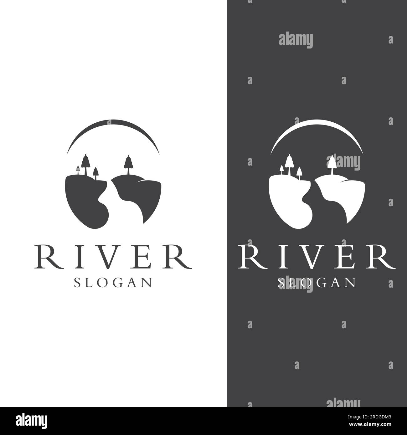 Loghi di fiumi, insenature, sponde e ruscelli. Logo River con combinazione di montagne e terreni agricoli con design a concetto vettoriale. Illustrazione Vettoriale