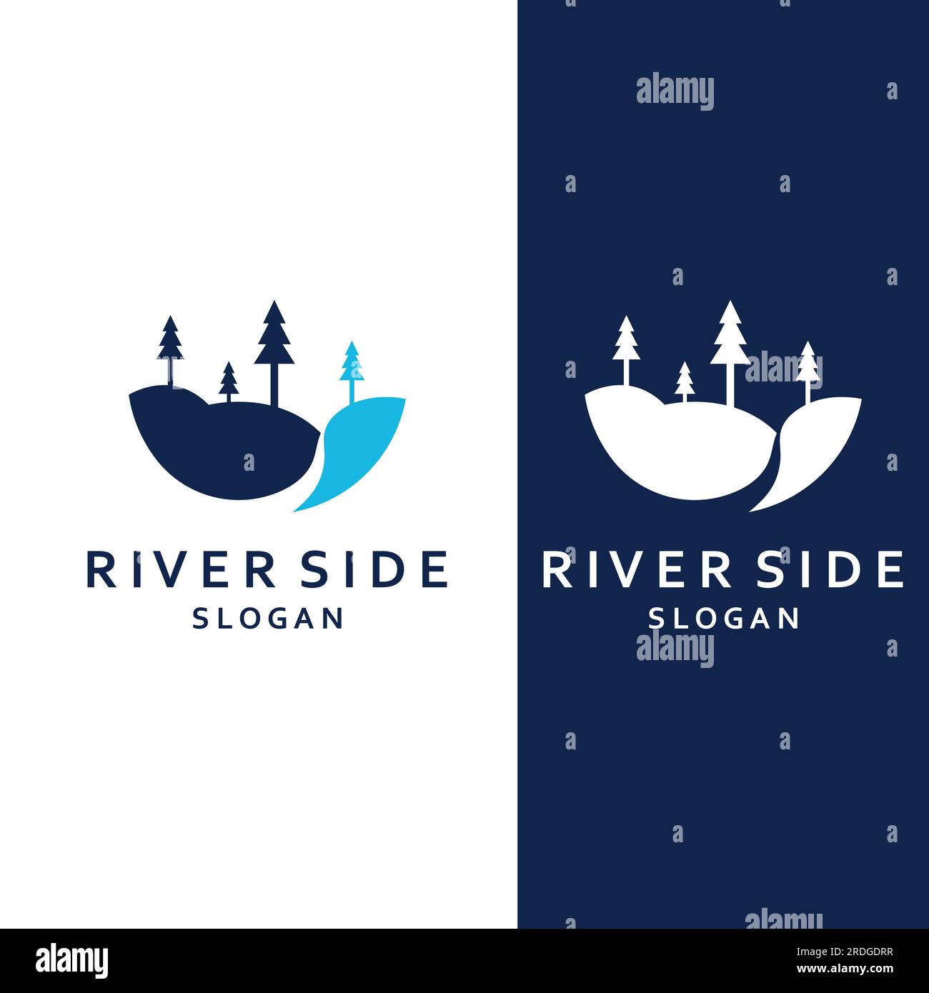 Loghi di fiumi, insenature, sponde e ruscelli. Logo River con combinazione di montagne e terreni agricoli con design a concetto vettoriale. Illustrazione Vettoriale