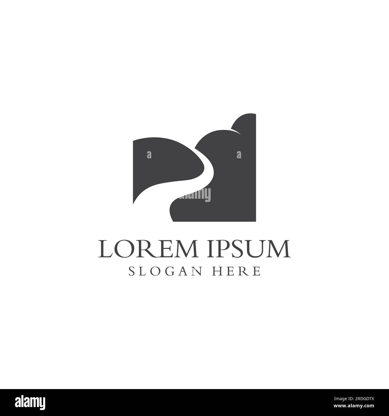 Loghi di fiumi, insenature, sponde e ruscelli. Logo River con combinazione di montagne e terreni agricoli con design a concetto vettoriale. Illustrazione Vettoriale