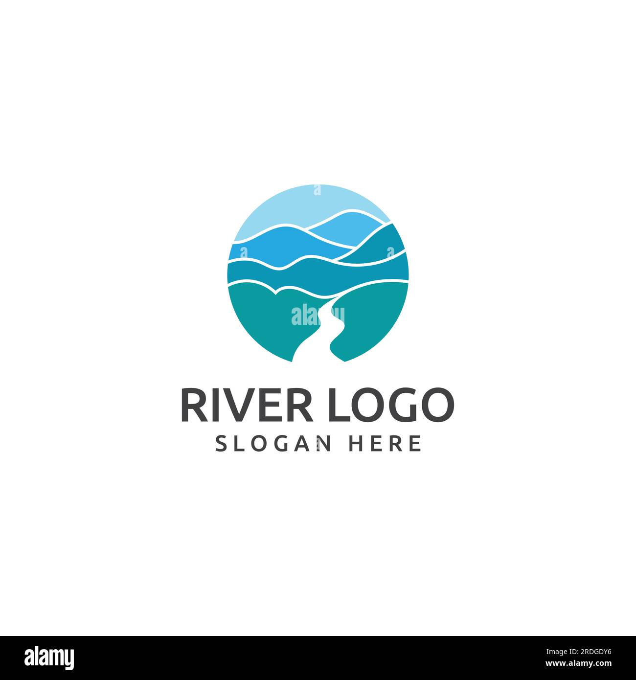 Loghi di fiumi, insenature, sponde e ruscelli. Logo River con combinazione di montagne e terreni agricoli con design a concetto vettoriale. Illustrazione Vettoriale