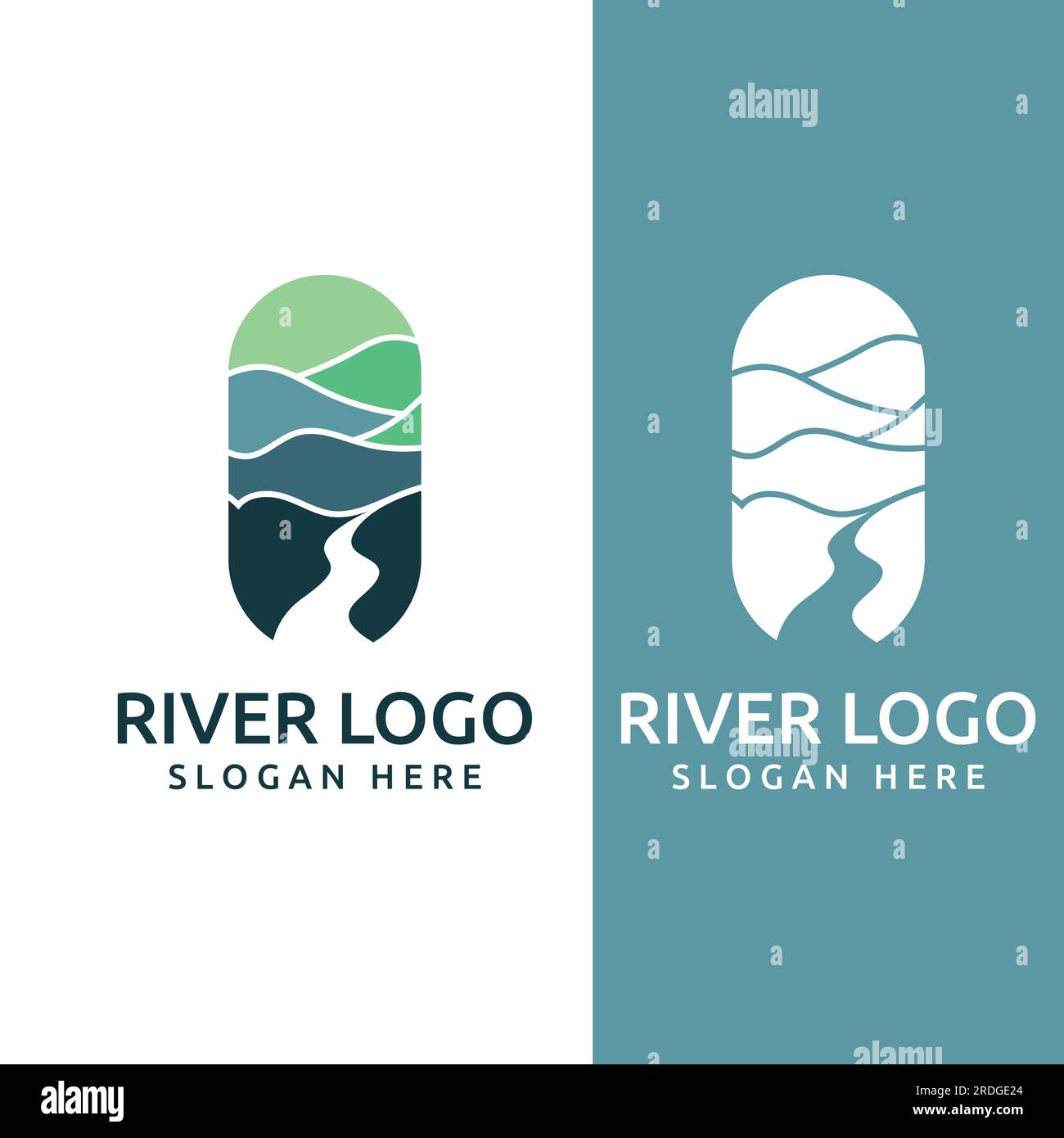 Loghi di fiumi, insenature, sponde e ruscelli. Logo River con combinazione di montagne e terreni agricoli con design a concetto vettoriale. Illustrazione Vettoriale